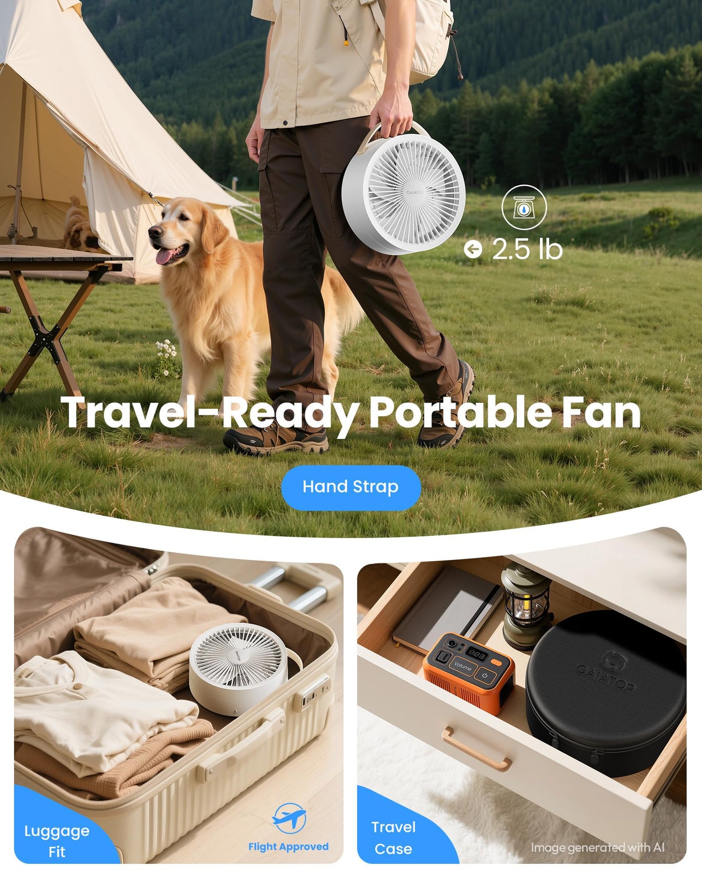 Gaiatop Portable Pedestal Fan 16000mAh Battery [Max 74h Runtime], Foldable Oscillating Standing
