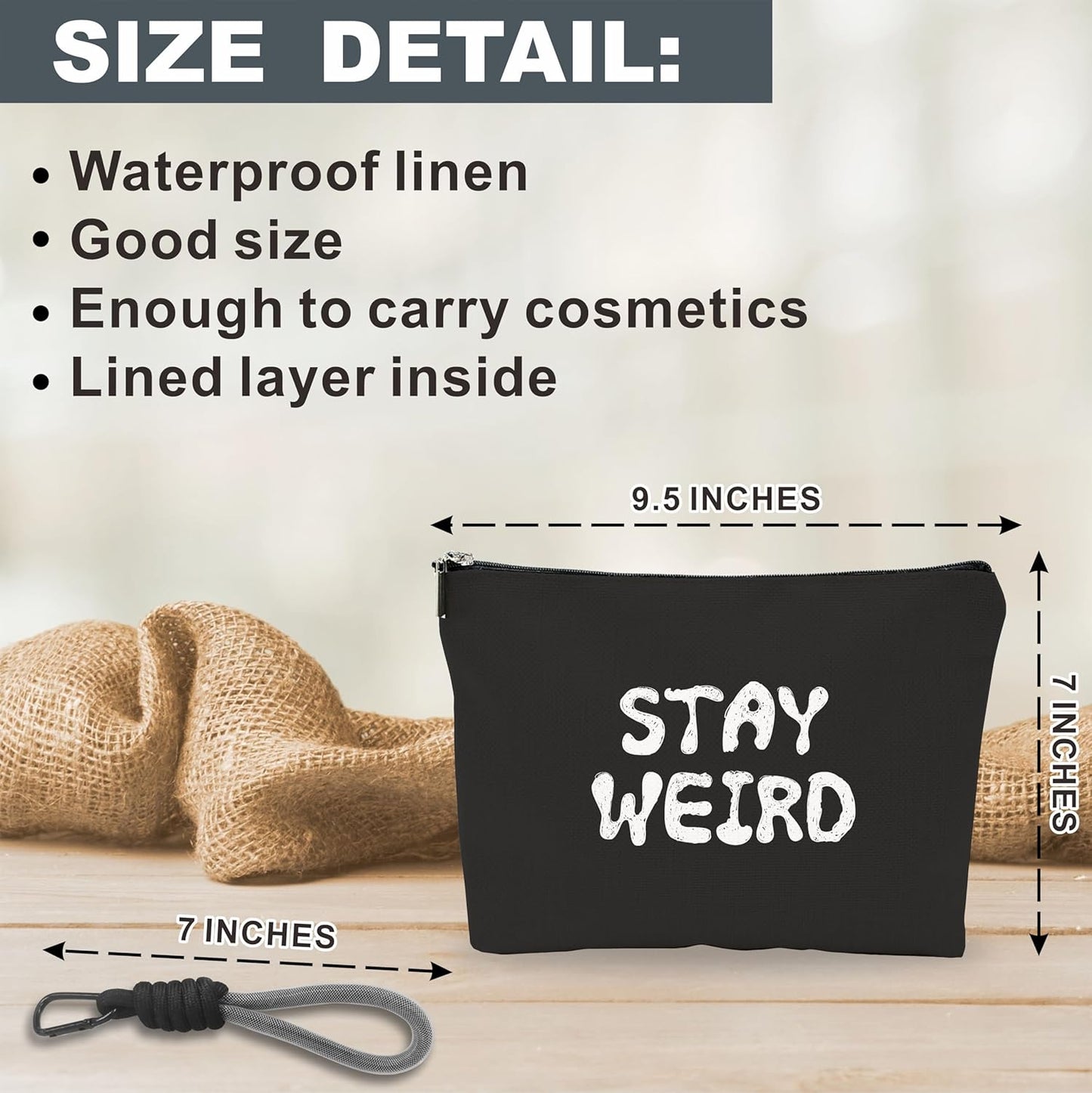 Make Up Bag, Cosmetic Bag With Hand Strap - Stay Weird - Lined Toiletry Bag For Woman - Travel Pouch, Black Organizer With Zipper, Women Essentials & Accessories - A10