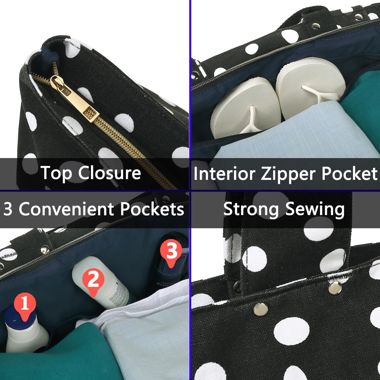 Large Beach Bag for Women, Waterproof Travel Tote Bag with Lunch/Wet Pocket for Weekender, Sandproof, Zipper Closure