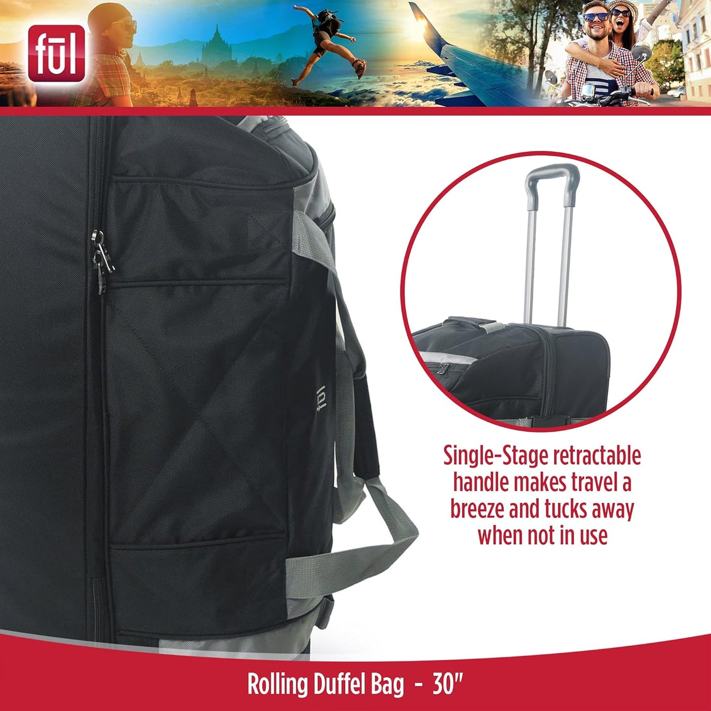 FUL Rig 30 Inch Rolling Duffel Bag, Travel Luggage with Wheels