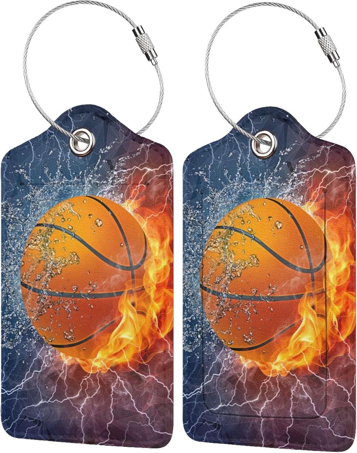2 Pcs Basketball Luggage Tags for Boys Mens Suitcases for Travel, Sport PU Leather Name Labels Tag Bag Tags with Steel Stainless Loop and Full-Width Design Cover & Address Card