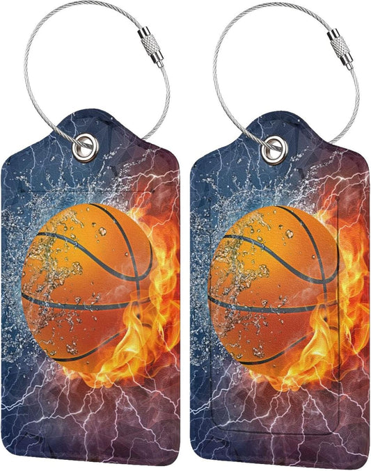 2 Pcs Basketball Luggage Tags for Boys Mens Suitcases for Travel, Sport PU Leather Name Labels Tag Bag Tags with Steel Stainless Loop and Full-Width Design Cover & Address Card