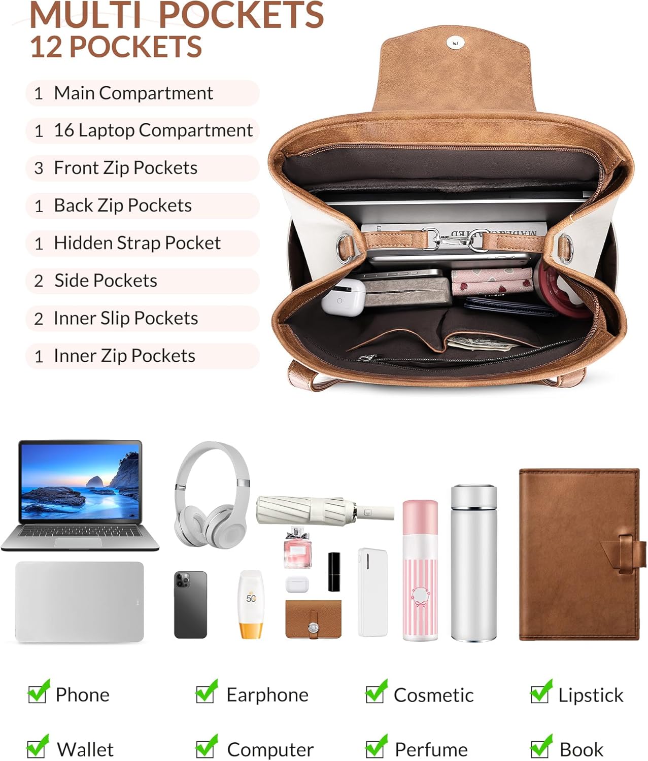 Laptop Bag for Women Designer Leather Laptop Backpack Purse, 16 inch Computer Tote Bags for Work Travel with Satchel Purse Beige Brown
