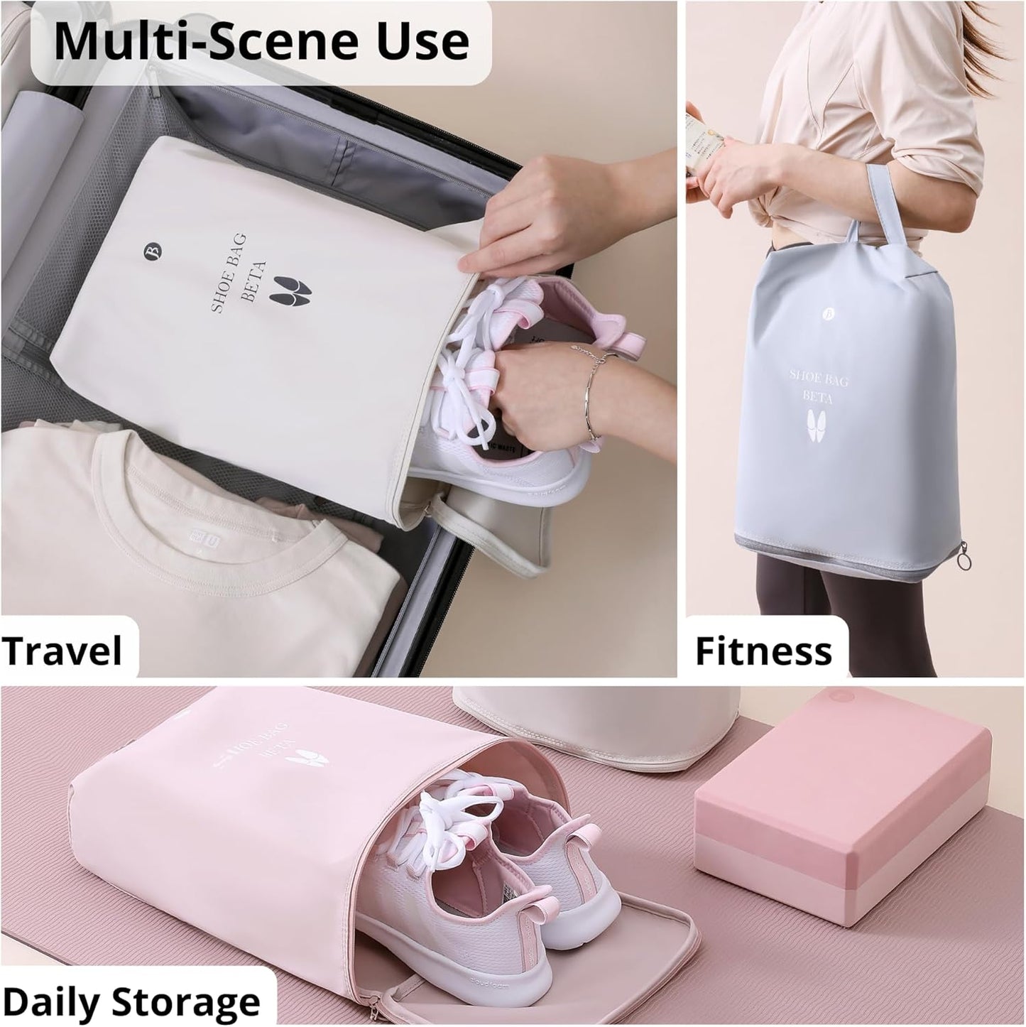 tianzong 2 Pack Shoe Bags for Travel, Water-resistant Shoe Storage Organizer with Zipper for Men and Women (Pink, T400-Beta)