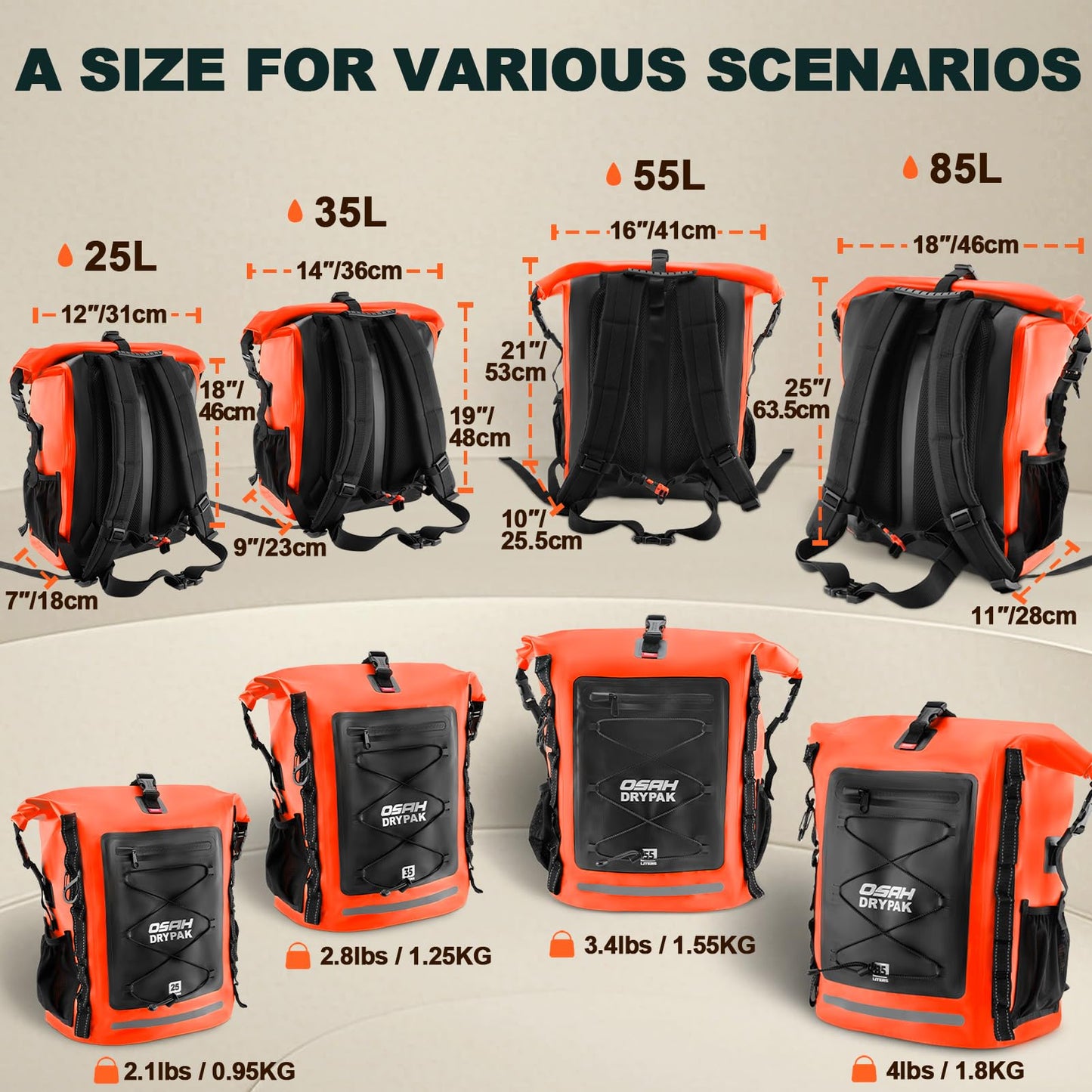 OSAH DRYPAK Waterproof Backpack Dry Bag 35L/55L/85L– Heavy Duty Roll-Top Hiking Backpack Sack Keeps