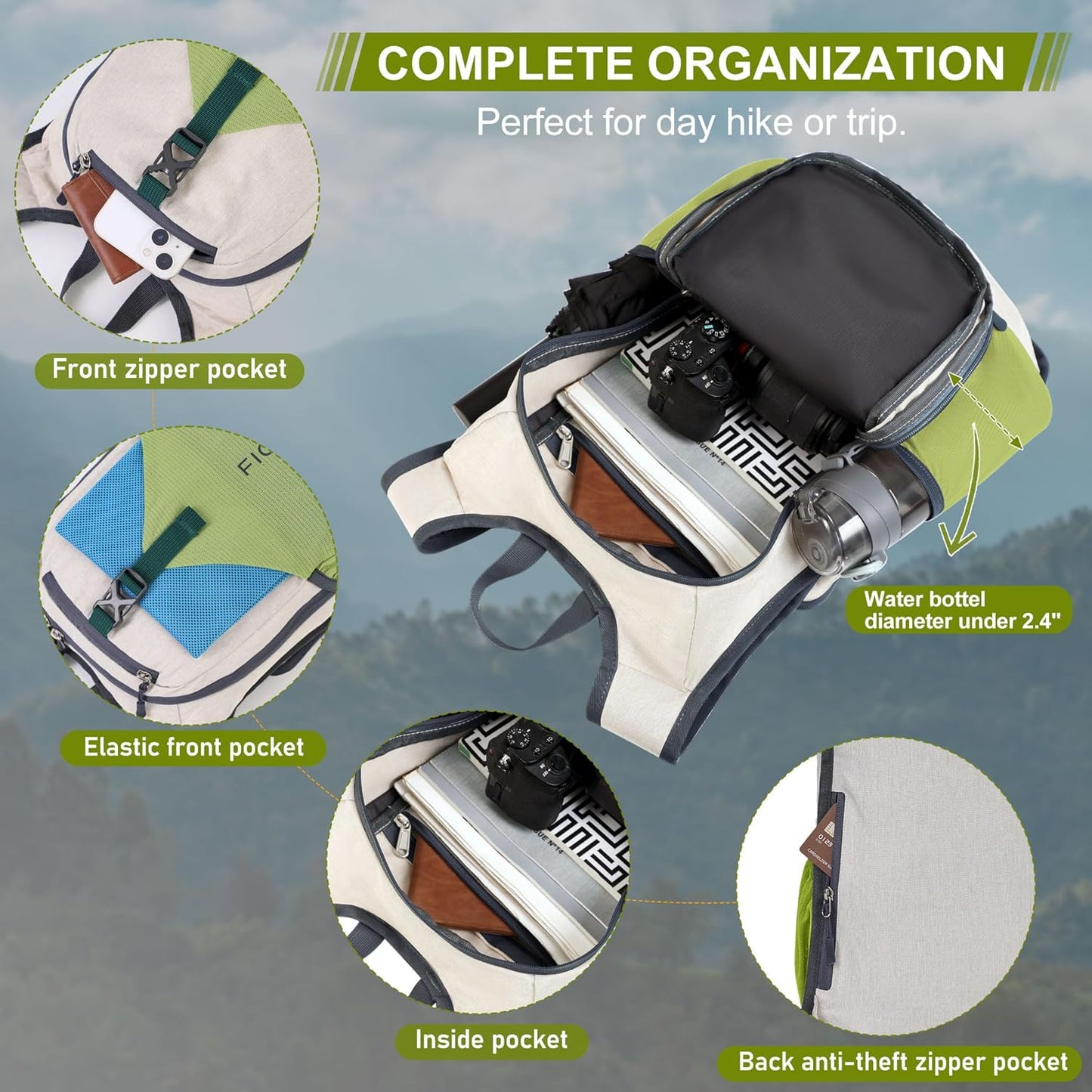FIORETTO 15L Hiking Backpack for Women Men Mini Packable Backpack Lightweight Small Daypack for Camping Travel Outdoor, Beige and Green