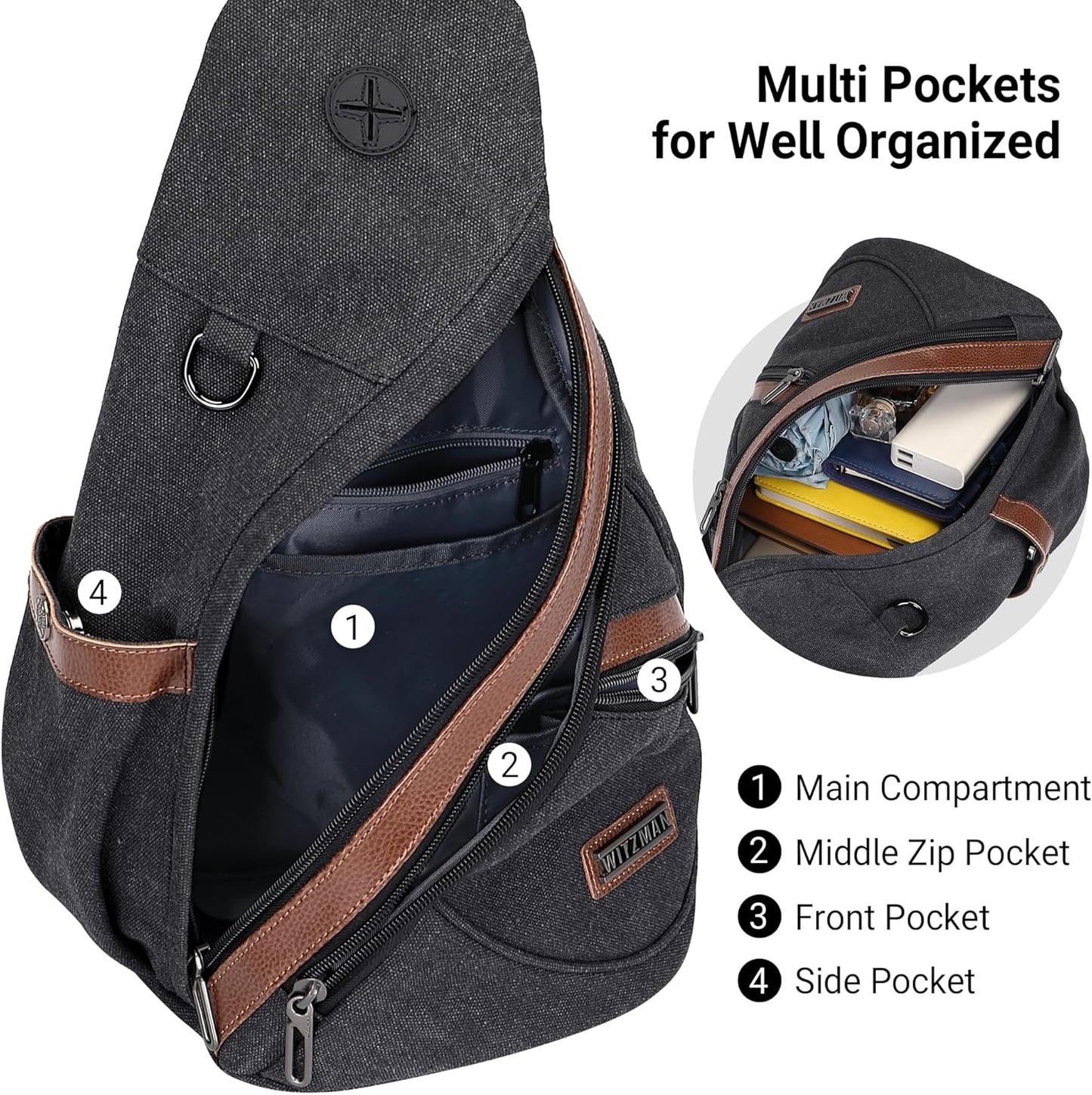 WITZMAN Canvas Sling Bag for Men Women Convertible Sling Backpack Crossbody Vintage Chest Bag Travel Casual Daypack（A8003 Classic Black）