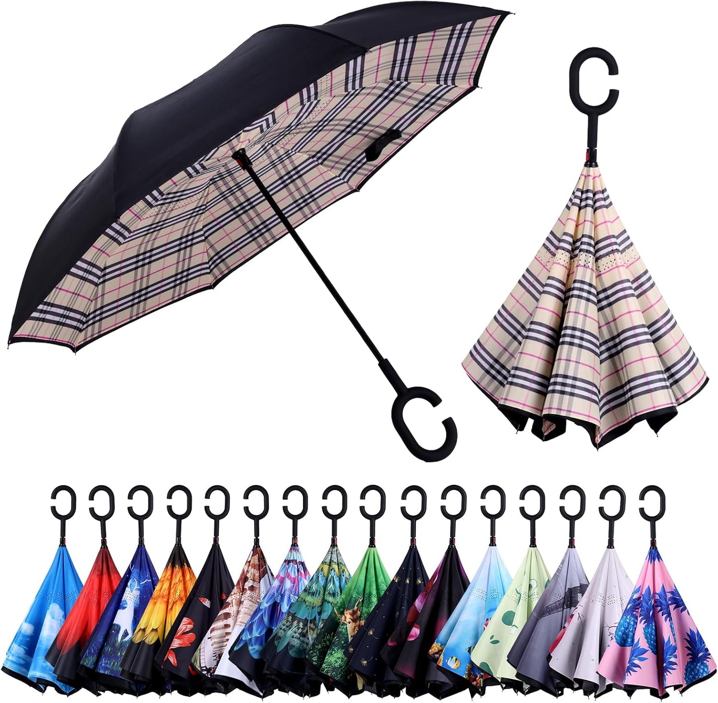 Inverted Umbrella, 49 Inch Double-Layer Vented Reverse Umbrella, Windproof Waterproof UV Protection, Lightweight C-Handle, Fiberglass Ribs, Steel Shaft, Travel/Commute/Car Use, With Sleeve
