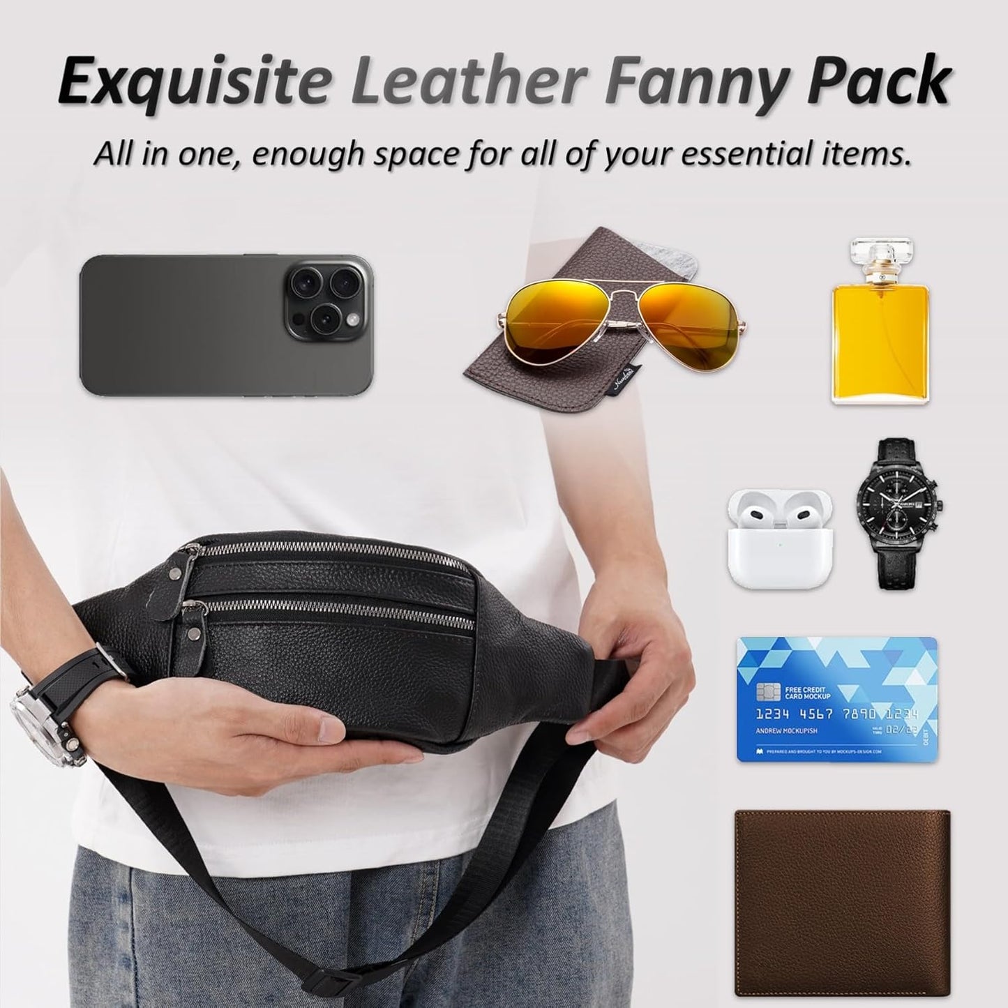 Genuine Leather Waist Bag, Outdoor Travel Waist Pack, Cowhide Leather Fanny Pack with Adjustable Strap, Suitable for Travelling, Outdoor Hiking, Cycling, Running - Black & Small