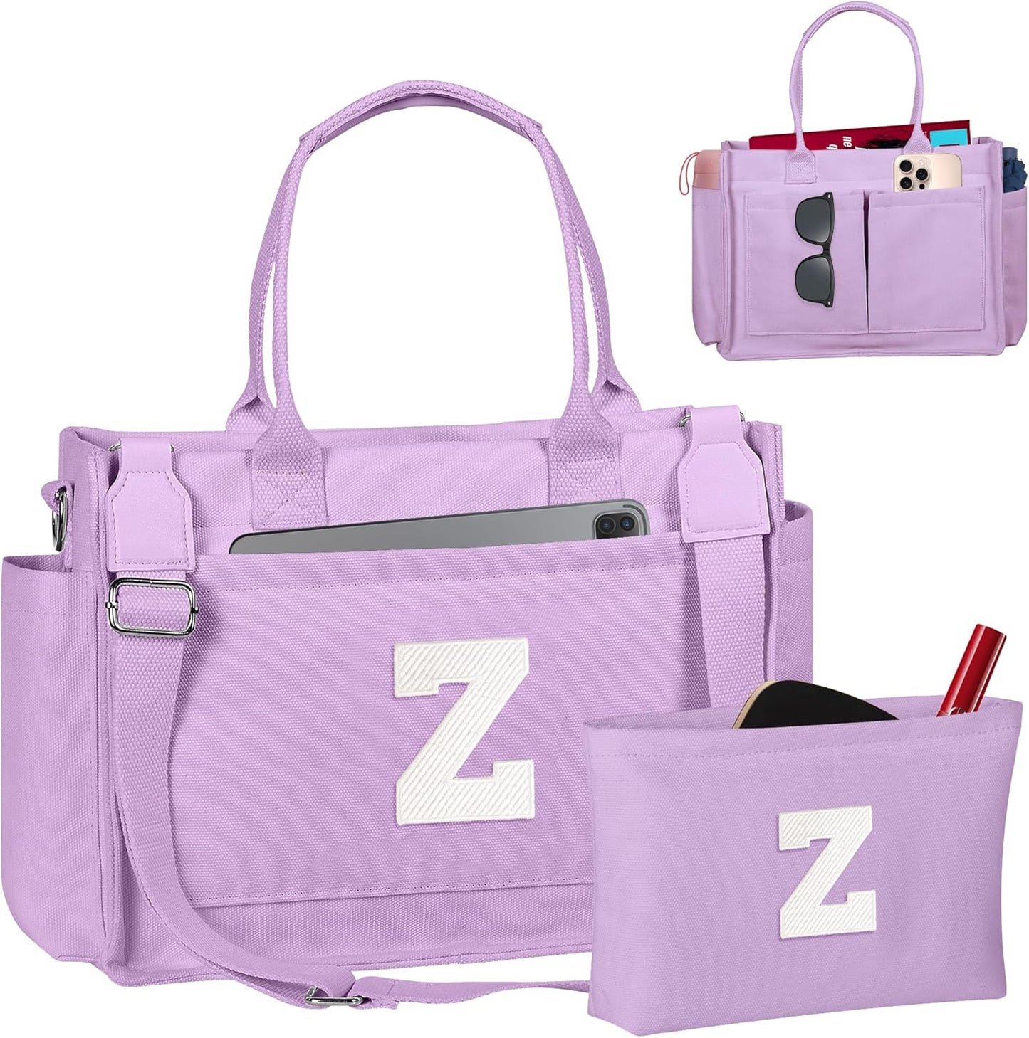 Gifts for Women Teen Girls, Initial Tote Bag with Zipper, Letter Canvas Tote Purse for College Work Laptop Beach