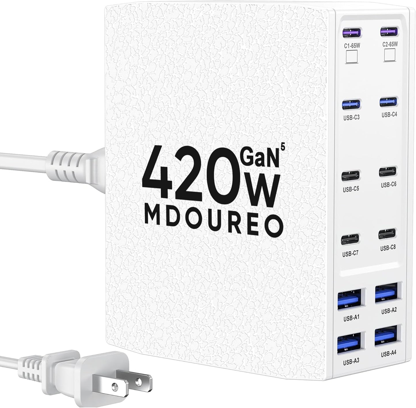 420W USB C Charger Block, 12-Port USB C Charging Station for Multiple Devices, Leather Texture Dual PD 65W Laptop Fast Charger Compatible with MacBook Pro/Air, iPad, iPhone,Galaxy and More, White