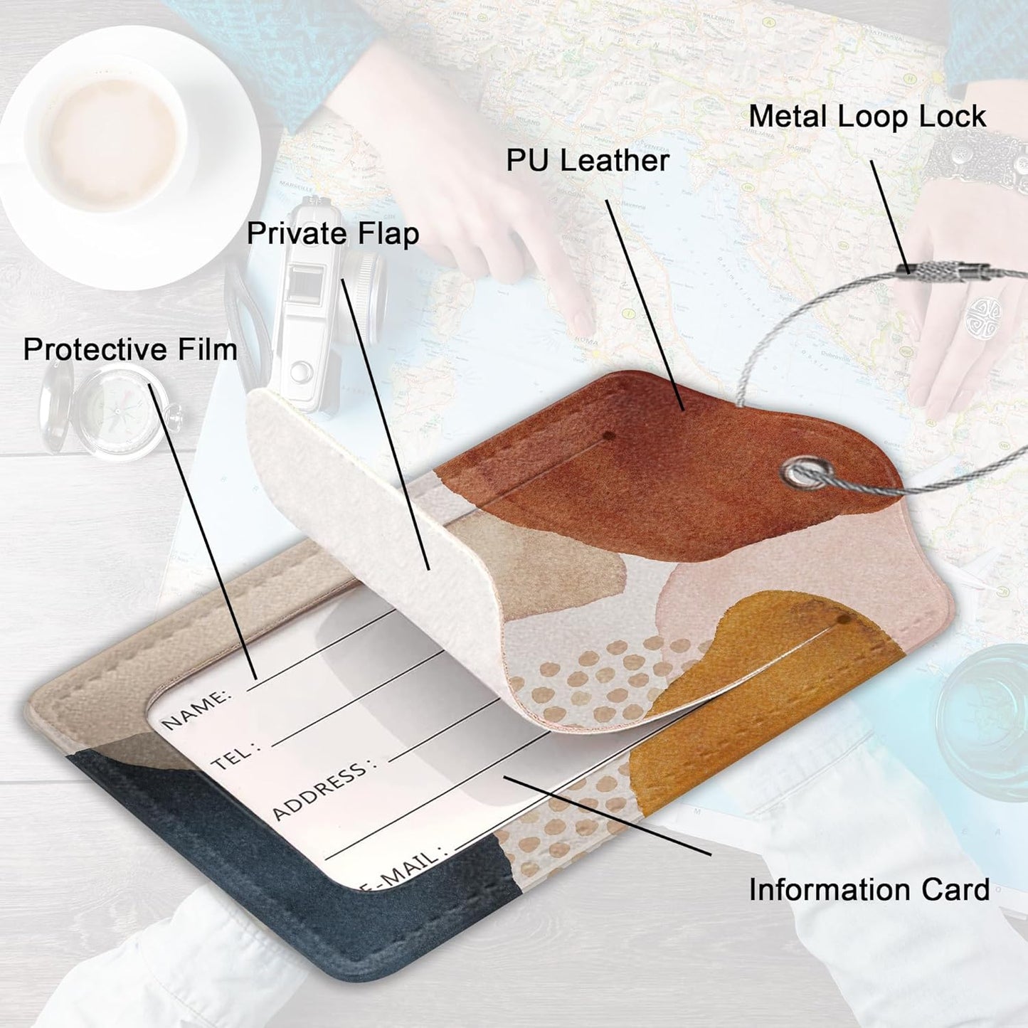 2 Pack Leather Luggage Tag for Suitcase Boho Color Block Modern Abstract Unique Travel Tags with Privacy Cover ID Label & Stainless Steel Loop for Men and Women Baggage