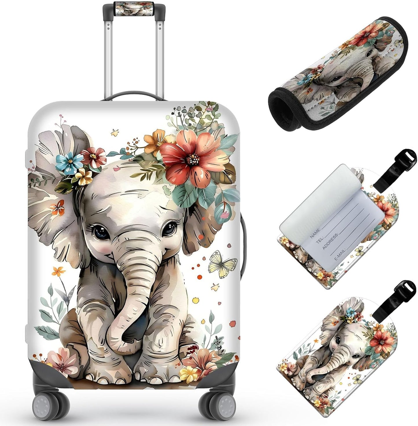 Travel Luggage Cover,Flowers ElephantTheme Suitcase Cover Accessory Kit, Luggage Tag, and Comfortable Luggage Handle Wrap, Washable Luggage Suitcase Protector (22-24 inch,M)