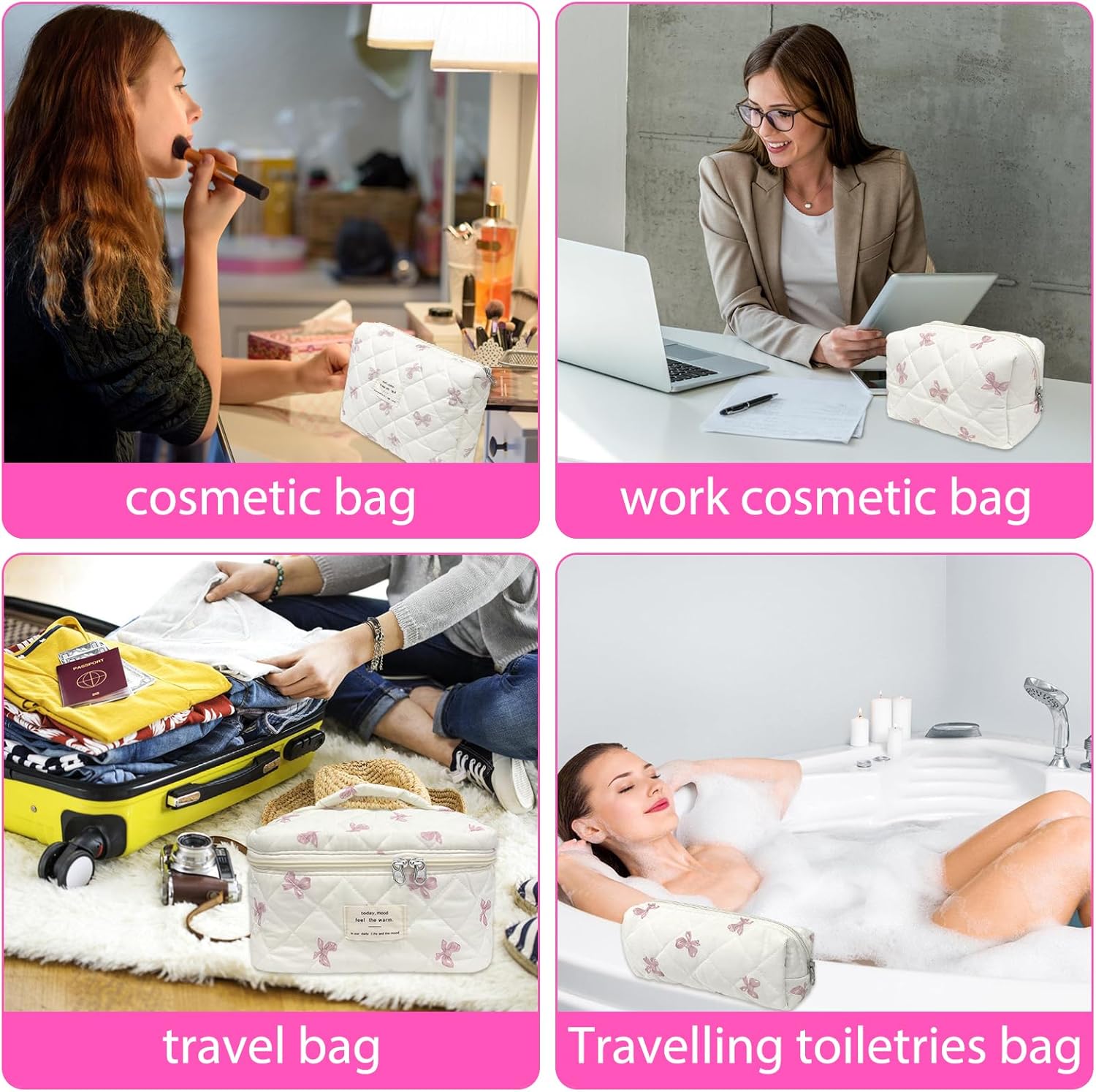 Quilted Makeup Bag, Large Capacity Travel Cosmetic Bag for Women and Girls, Aesthetic Storage for
