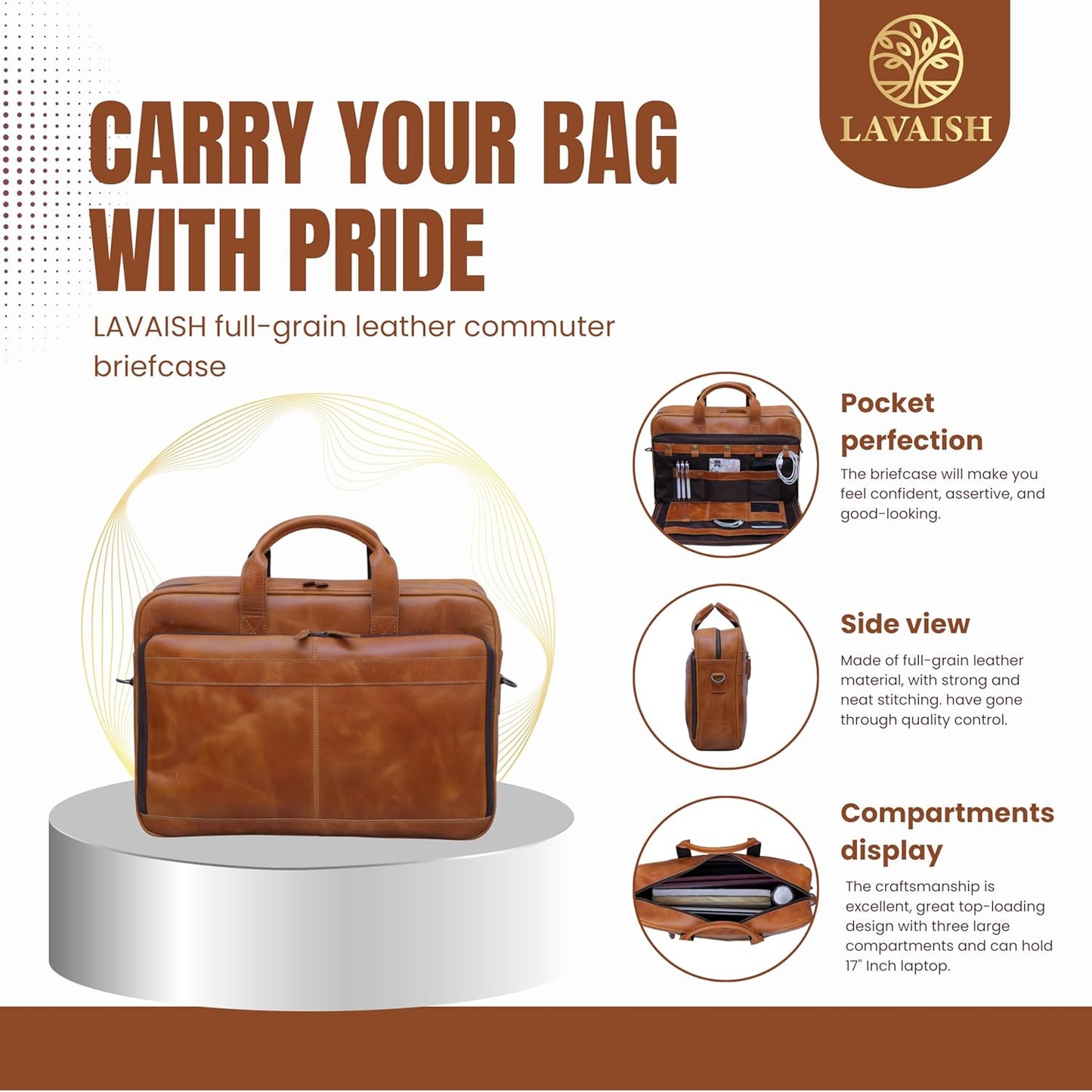 Handmade Full-Grain Leather Briefcase for Men & Women–17" Laptop Bag with Computer Compartment