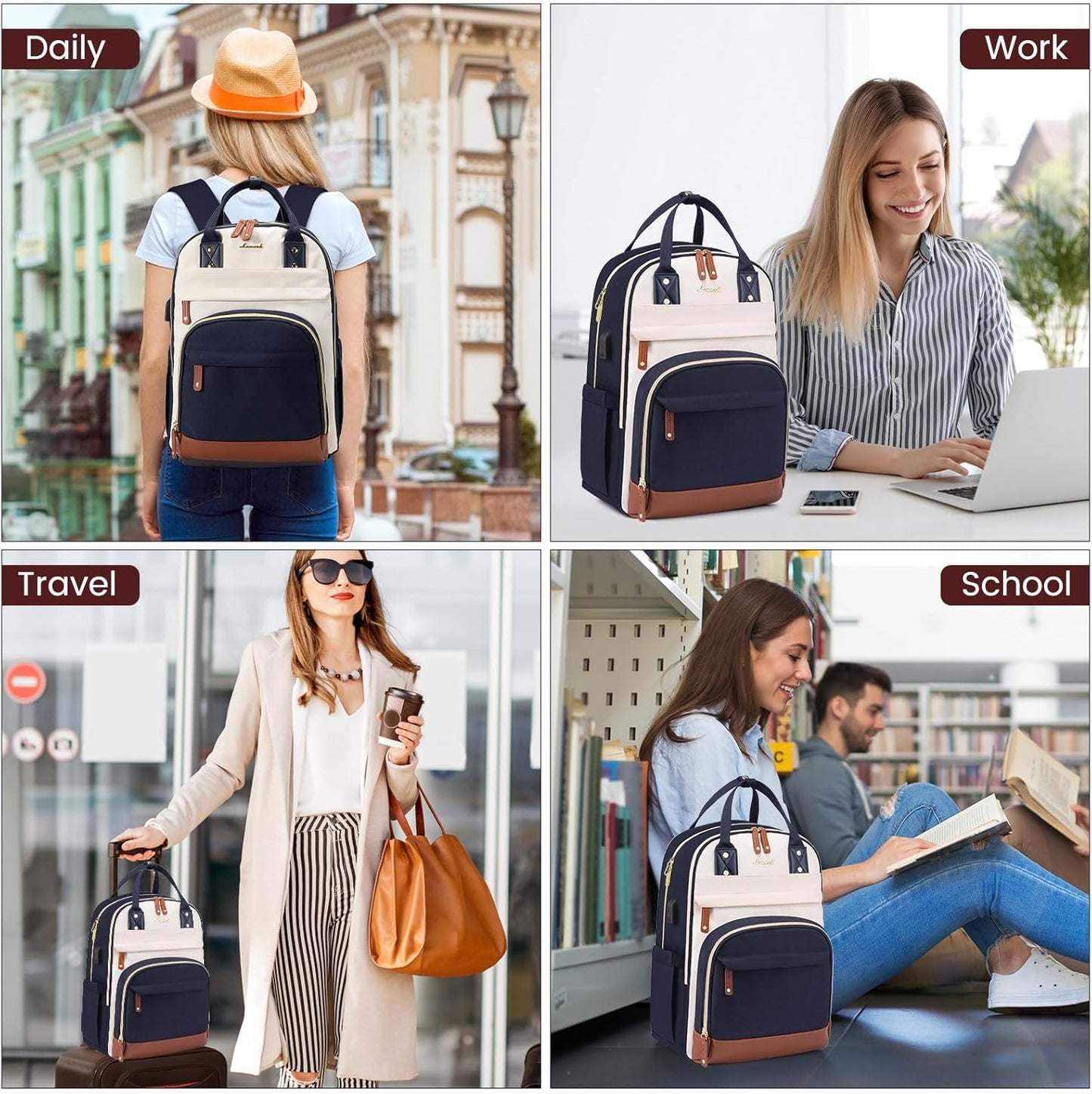 LOVEVOOK Backpack for Women,Laptop Backpack Women,Fits 15.6 Inch Laptop Bag,School Backpacks,Fashion Travel Work Anti-theft Bag,Waterproof Business Computer College Backpack Purse,Beige-Blue-Brown