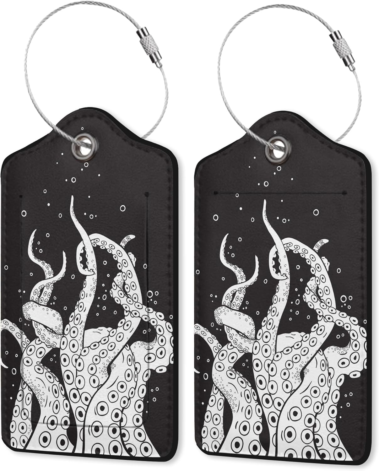 2 Pack Leather Luggage Tag for Suitcase Black Octopus Unique Travel Tags with Privacy Cover ID Label & Stainless Steel Loop for Men and Women Baggage