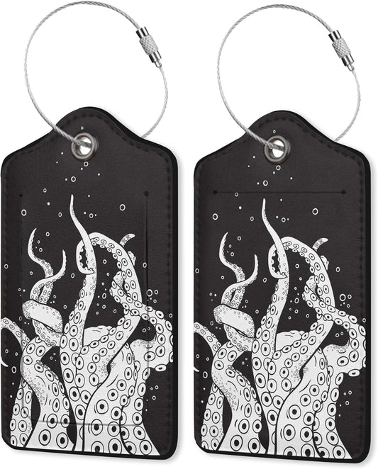 2 Pack Leather Luggage Tag for Suitcase Black Octopus Unique Travel Tags with Privacy Cover ID Label & Stainless Steel Loop for Men and Women Baggage