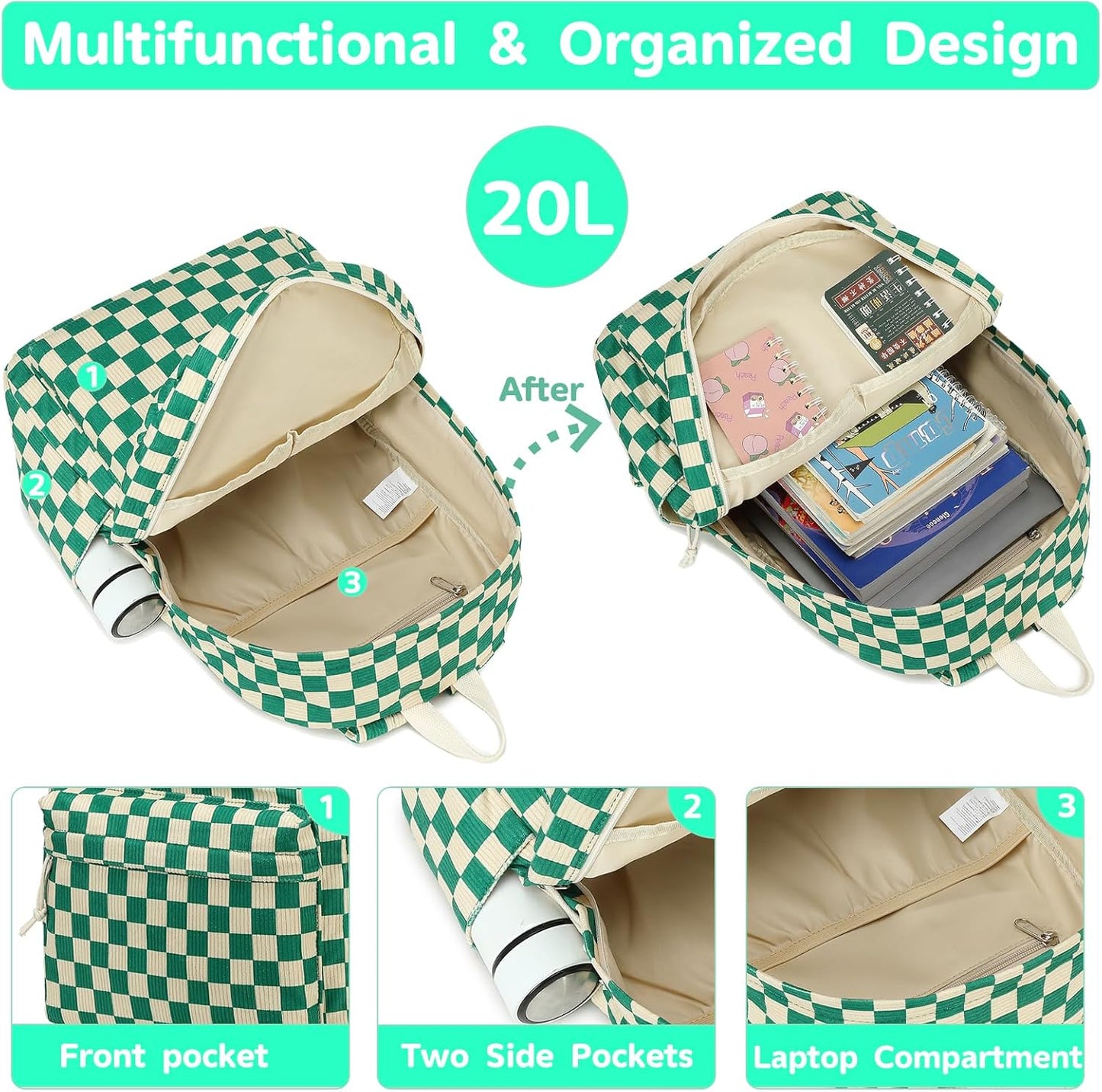 School Backpack for Teen Girls Bookbags Elementary High School Corduroy Laptop Bags Women Travel Daypacks