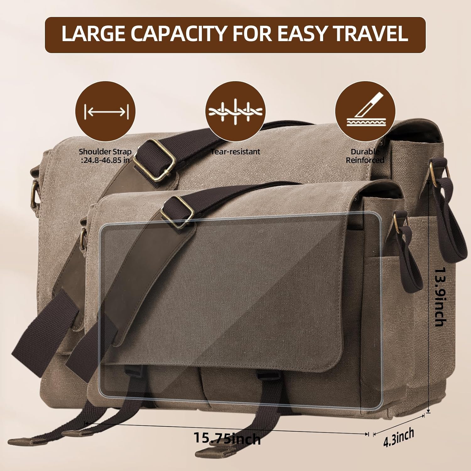 Messenger Bag for men Laptop Bag UnisexRetro Canvas Bag14-15.6 inches Casual single shoulder bag