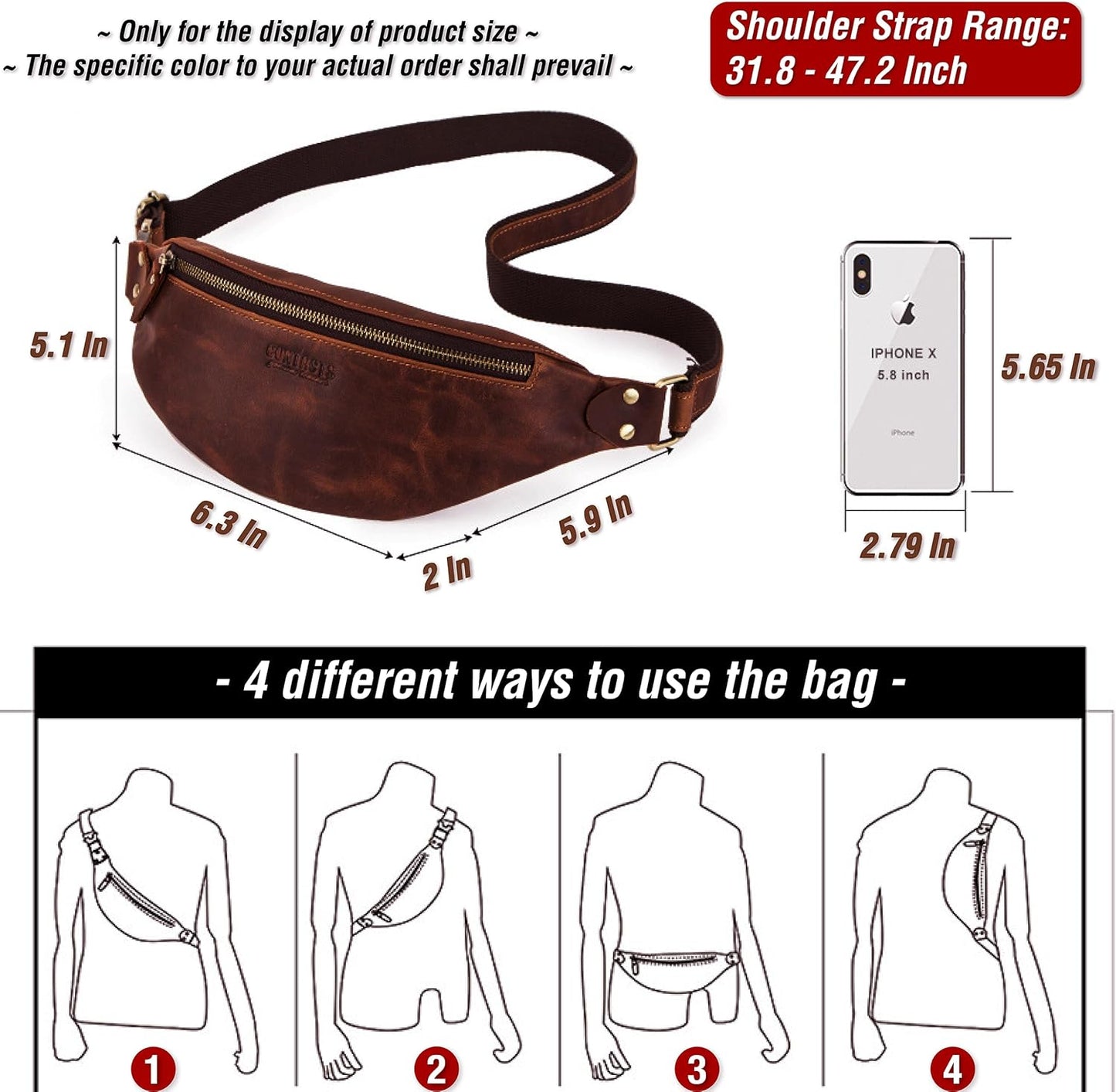 Top Grain Genuine Leather Slim Waist Pack for Man & Woman, Minimalist Vintage Design, Handmade with Detachable Hardware, Slim Fanny Pack Small Crossbody Belt Bag for Traveling or Riding, Brown