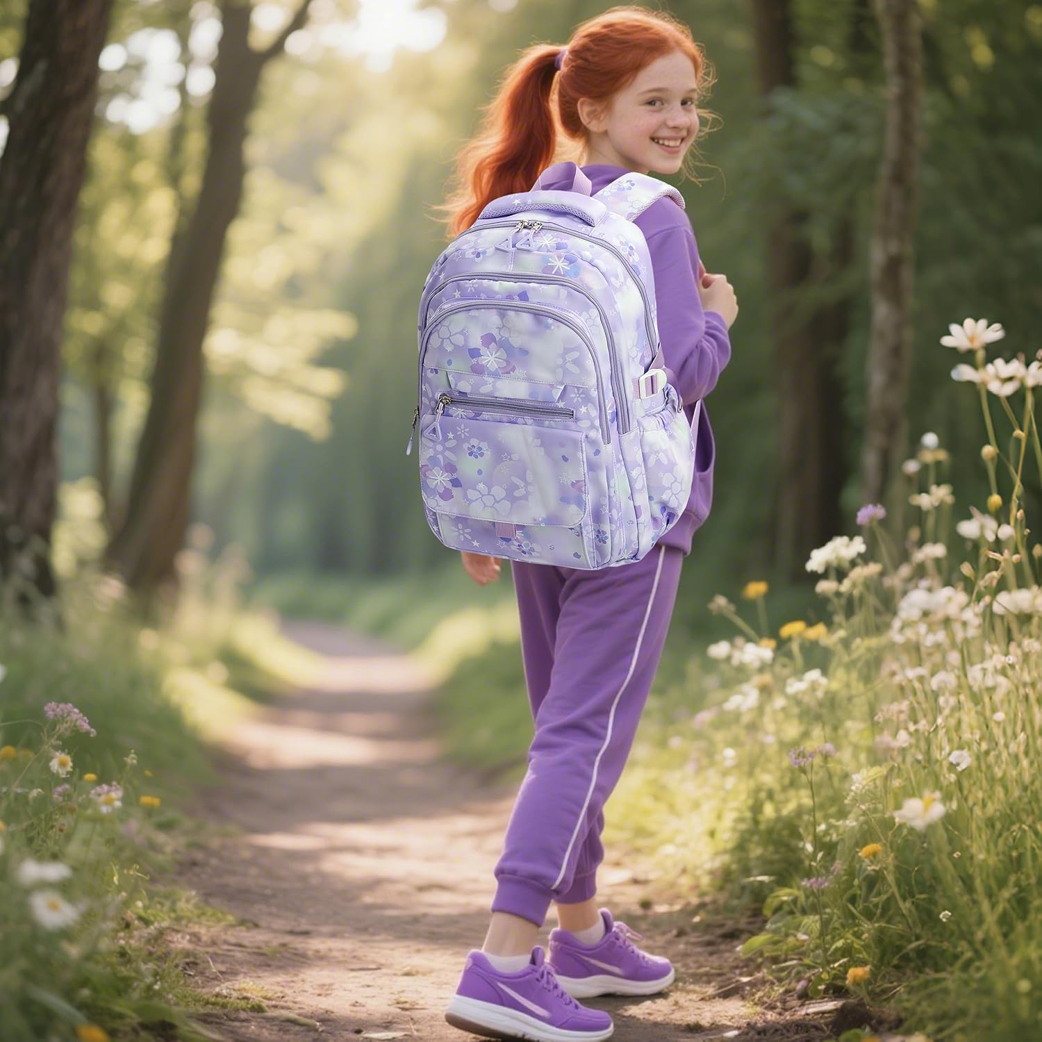 Kids Backpack for Girls Flower schoolbag with Lunch Bag & Pen Case Waterproof Girl Bookbag for