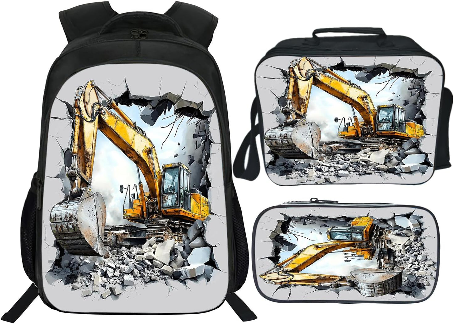 Klymax Construction Backpack Excavator Kids Schoolbag with Lunch Box Bag Pencil Bag 3pcs Bookbag Sets for Boys Girls