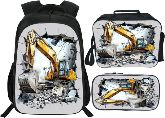 Klymax Construction Backpack Excavator Kids Schoolbag with Lunch Box Bag Pencil Bag 3pcs Bookbag Sets for Boys Girls