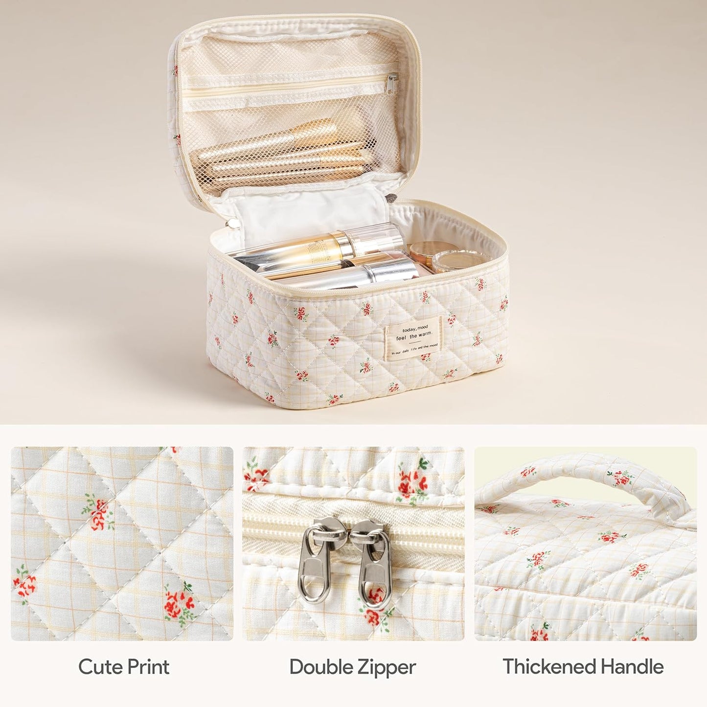 HBselect Quilted Makeup Bag, 3PCS Cotton Large Travel Makeup Bag, Cute Floral Coquette Make up Bag Cosmetic Bag Toiletry Bag for Women Girls