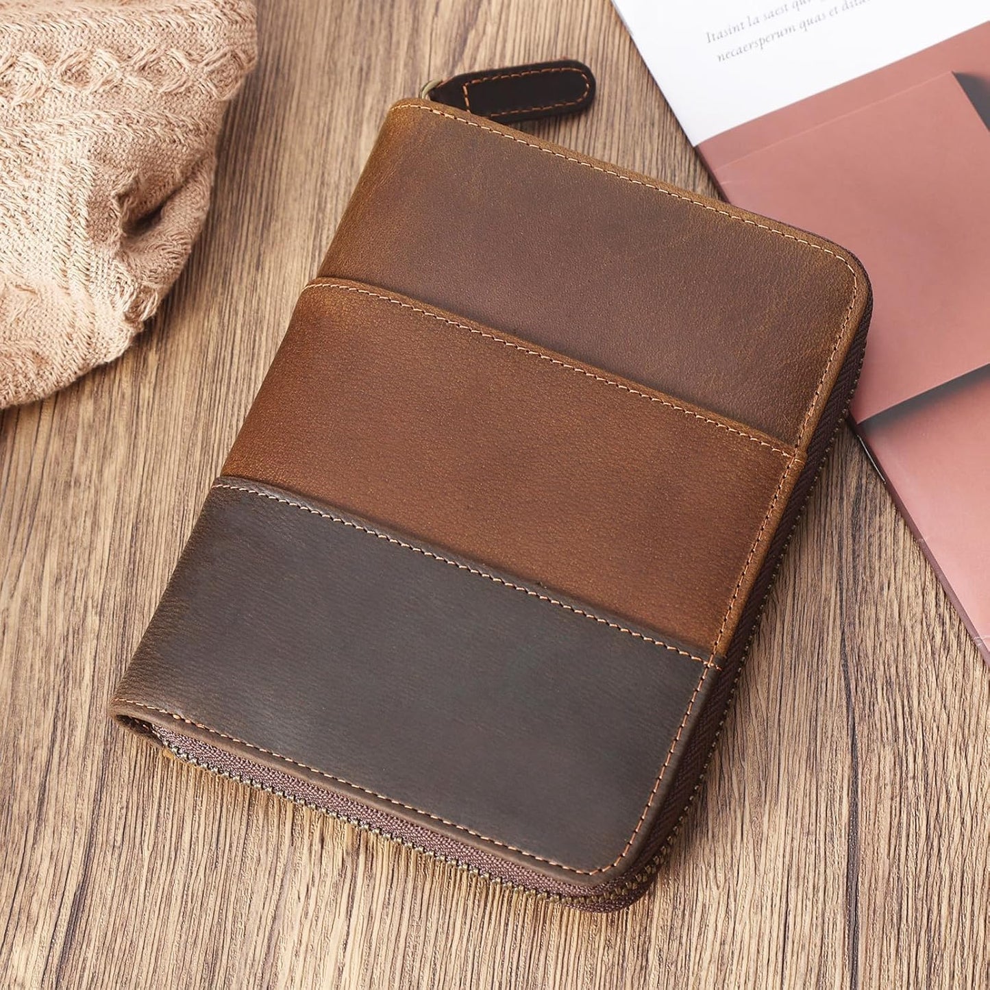 Retro Passport Cover Genuine Leather Unisex Travel Zipper Wallet RFID Blocking (Cocoa Brown)