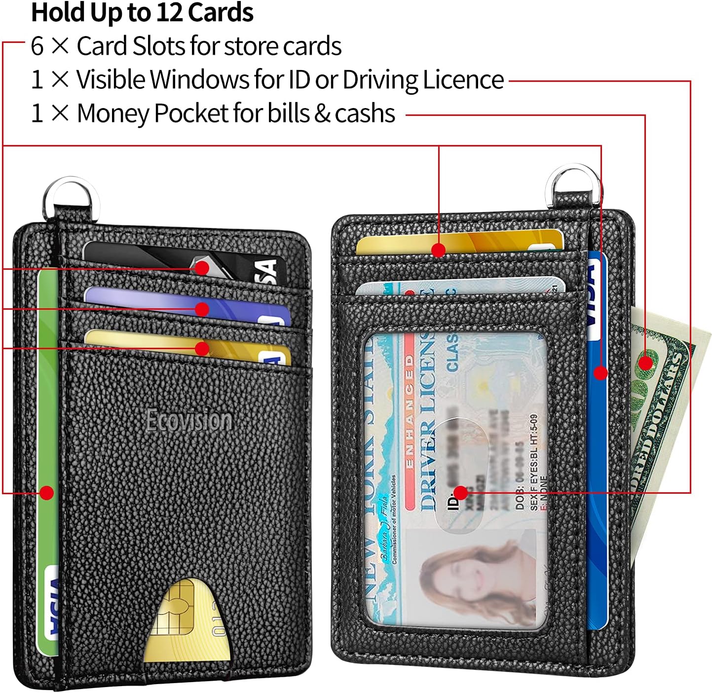 EcoVision Slim Minimalist Front Pocket Wallet, RFID Blocking Credit Card Holder Wallet with Detachable D-Shackle for Men Women