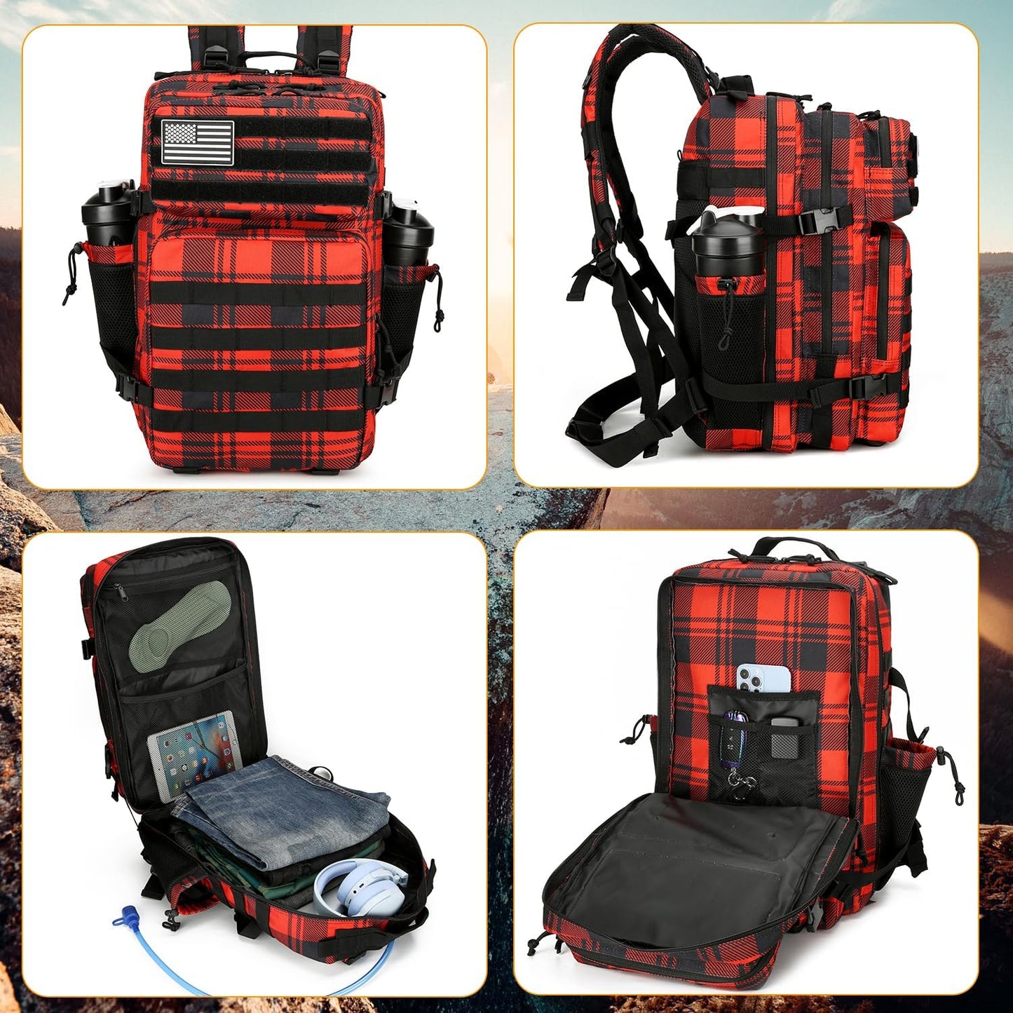 25L Tactical Backpack for Men and Women Military Backpack Army Assault Pack Molle Backpack Small Bug Out Bag Travel Rucksack Daypack (Red Plaid)