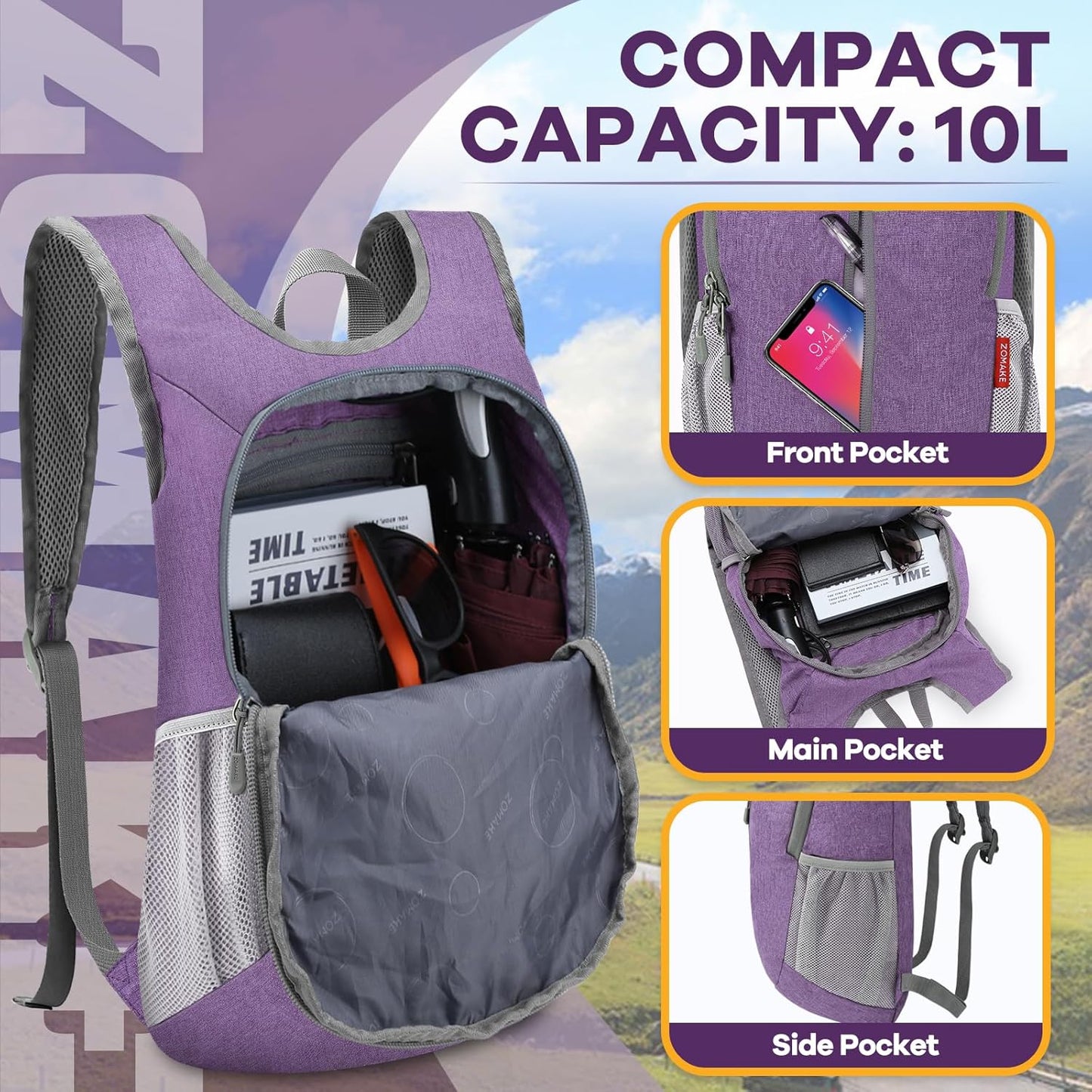 ZOMAKE 10L Ultra Lightweight Packable Backpack, Small Daypack Light Foldable Backpacks Water