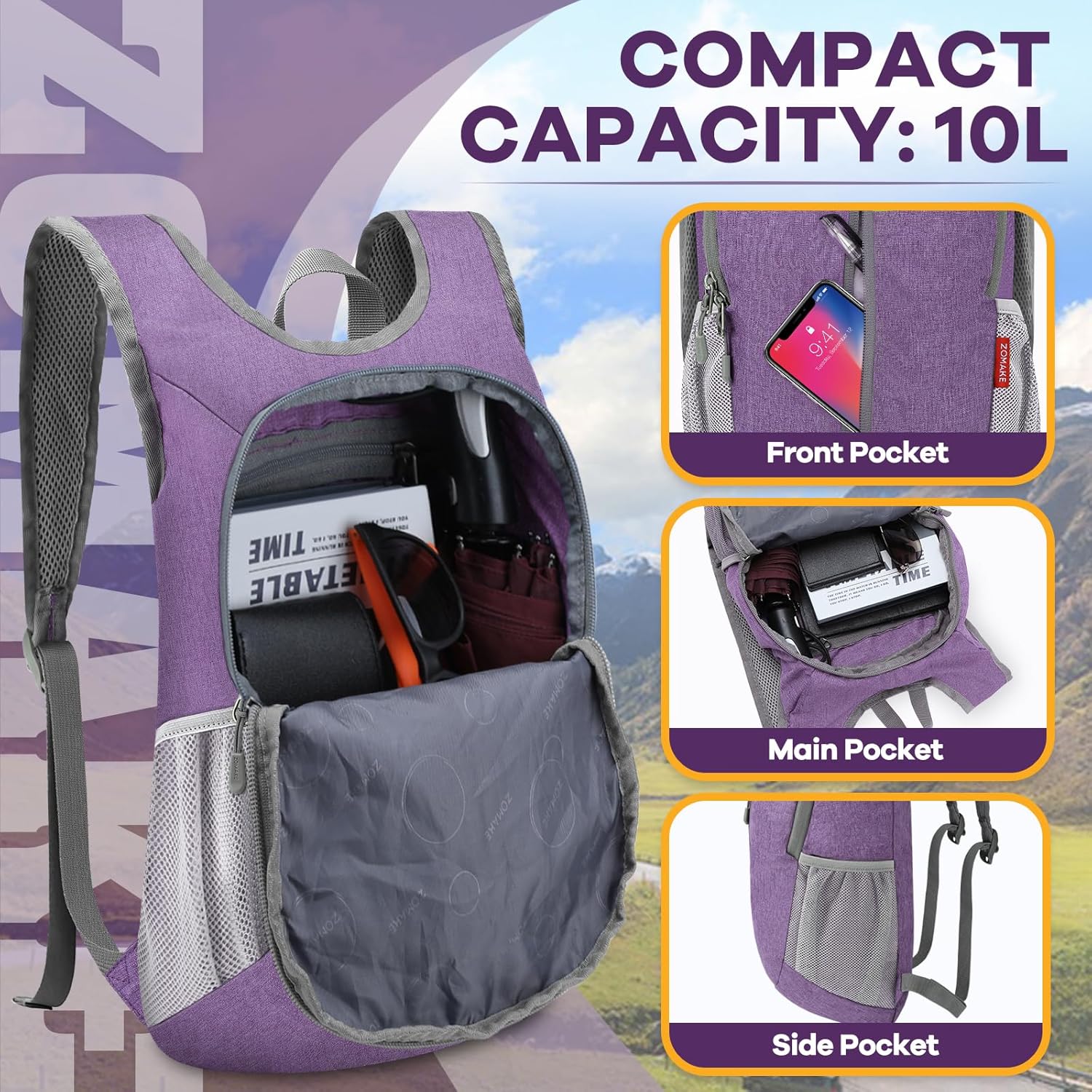 ZOMAKE 10L Ultra Lightweight Packable Backpack, Small Daypack Light Foldable Backpacks Water