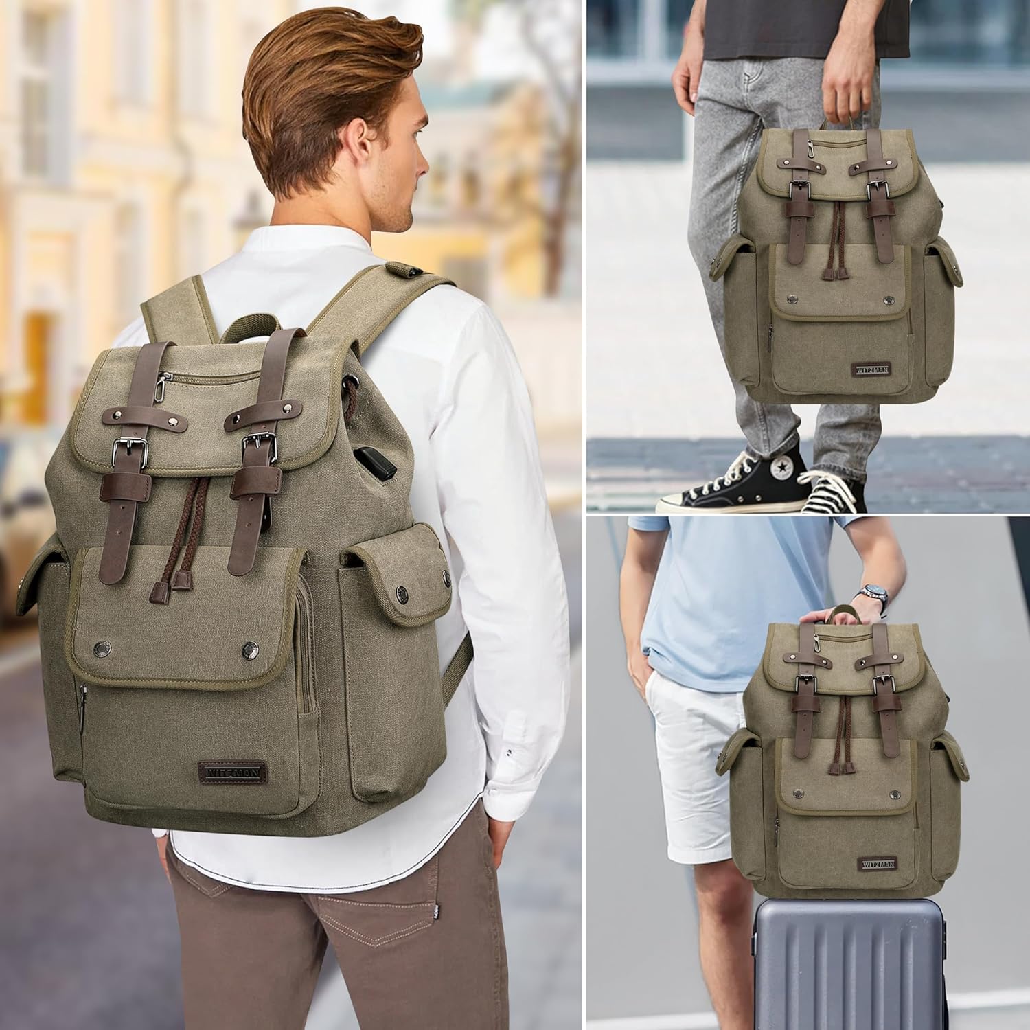 WITZMAN Canvas Backpack for Men Vintage Rucksack Fit 15.6 inch Laptop Backpack Travel High Capacity