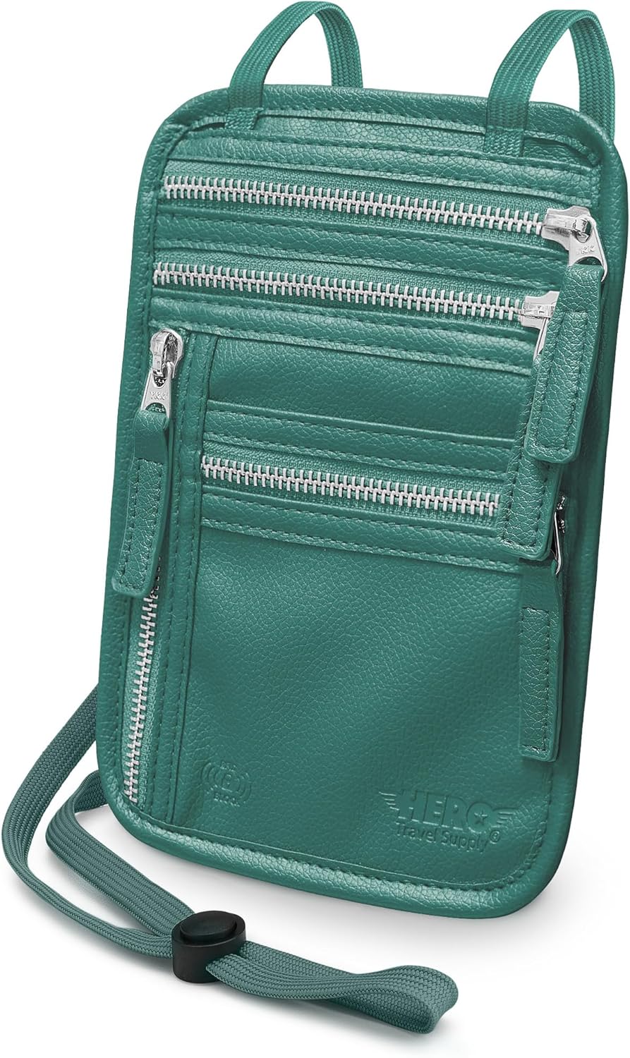 HERO Neck Wallet, RFID Blocking Vegan Leather Passport Holder & Pouch (Sage Green)