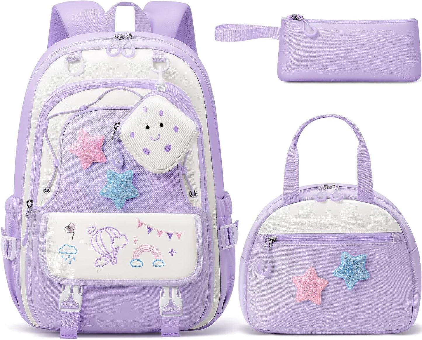 Fimibuke Kids Backpack for Girls, 4 PCS Waterproof Teen Girls Backpack with Lunch Box, Pencil Case & Headphone Bag Set