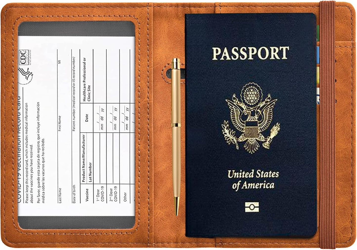 HerriaT Passport and Vaccine Card Holder Combo,Cover Case with CDC Vaccination Card Slot, Leather Travel Documents Organizer Protector, with RFID Blocking, for Women and Men