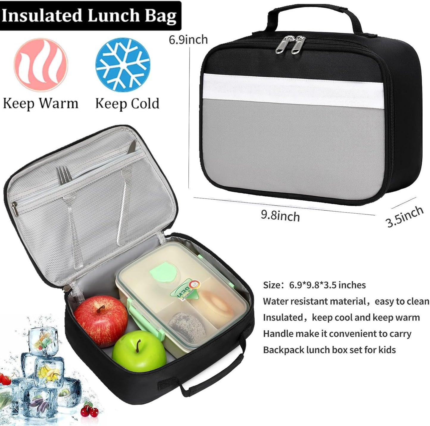 Kids Backpack Lunch Box Set Elementary School Backpacks 5-9 Years for Boys and Girls with Chest Buckle (Set Black Grey, Large-17 H)