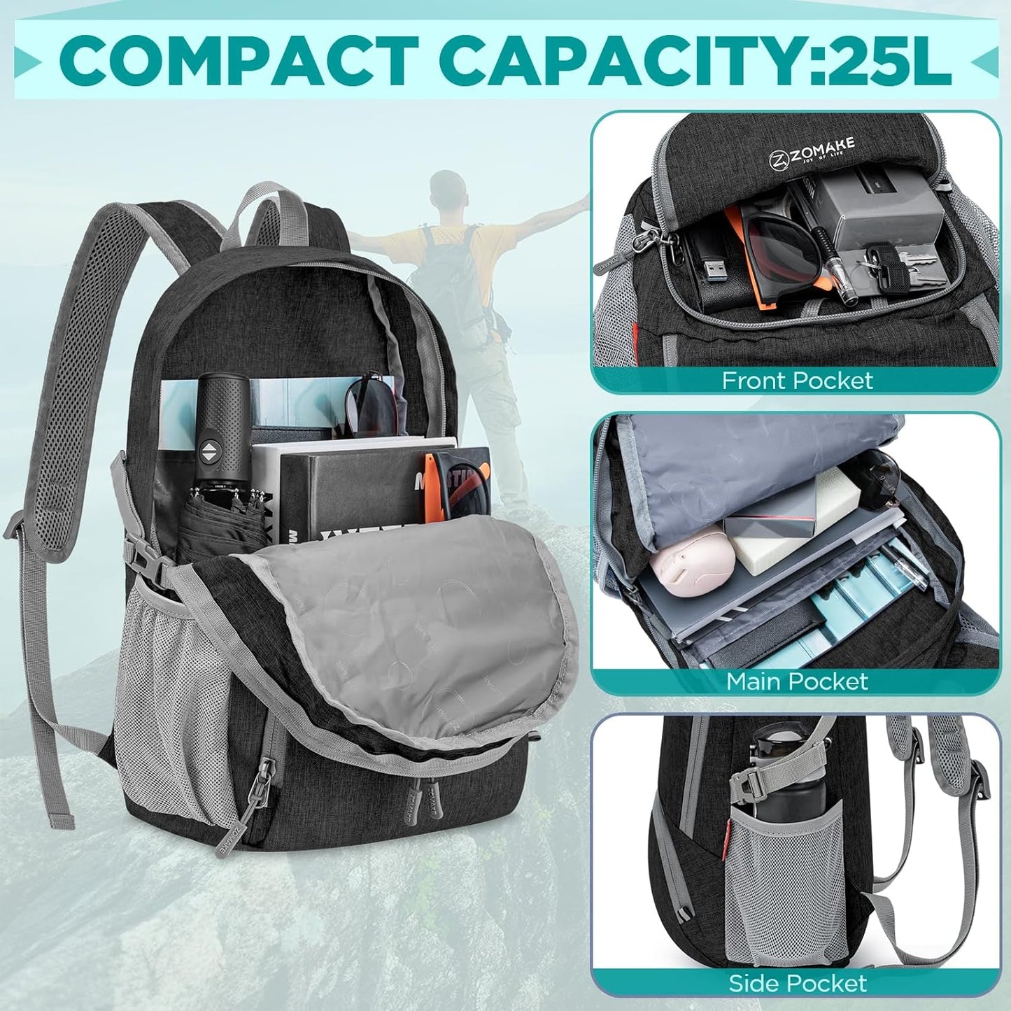 ZOMAKE Ultra Lightweight Packable Backpack 25L,Small Foldable Backpacks Hiking Water Resistant Collapsible Daypack for Women Men(Black-A3)