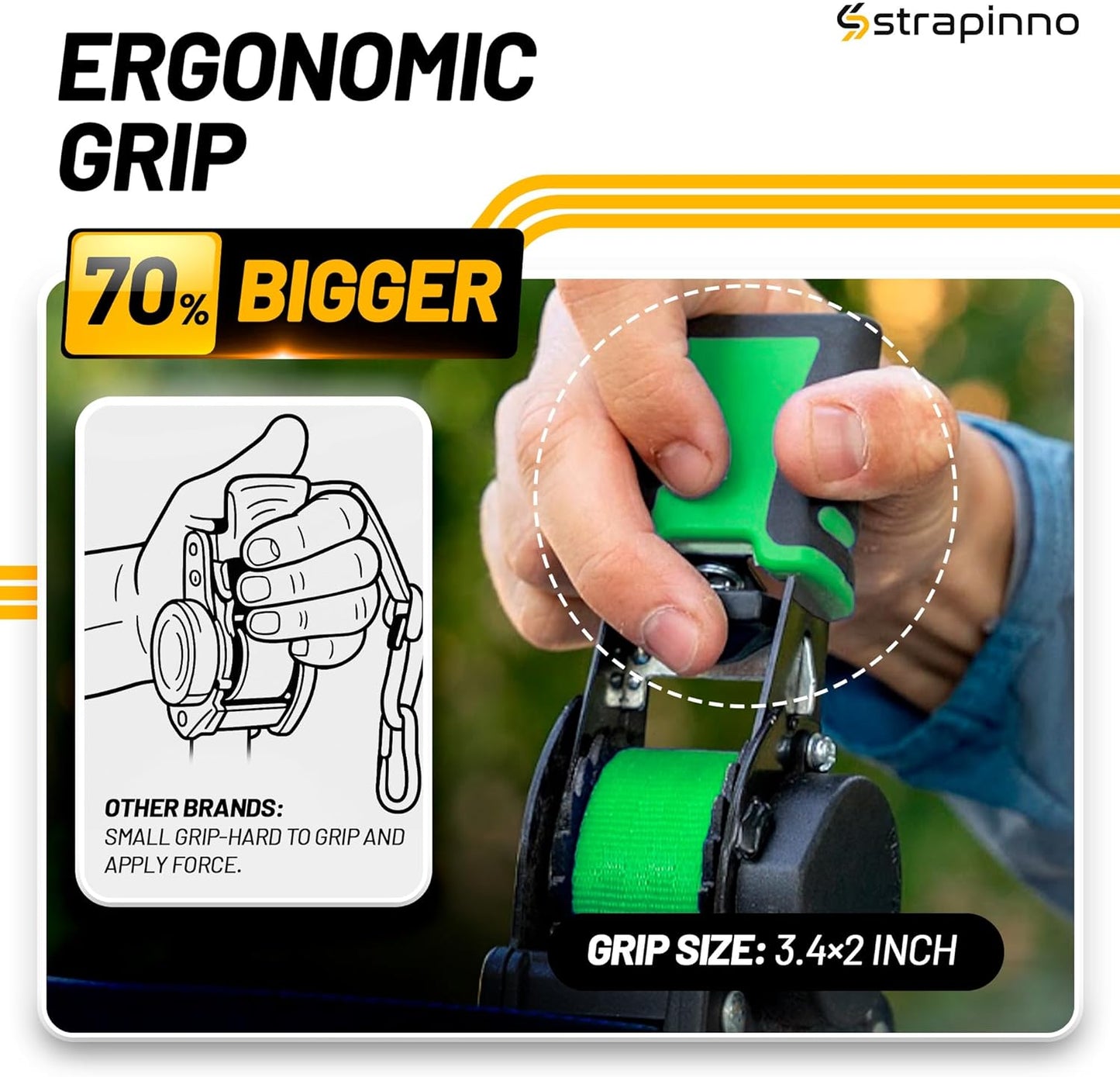 Strapinno Retractable Ratchet Straps 1 in x 10 ft, Secure Tie-Downs with Rubber-Coated Steel Handles, for Motorcycle, Jetski, Kayak, Breaking Strength 1,500LBS/680KG (Green Strap, Black Coated)