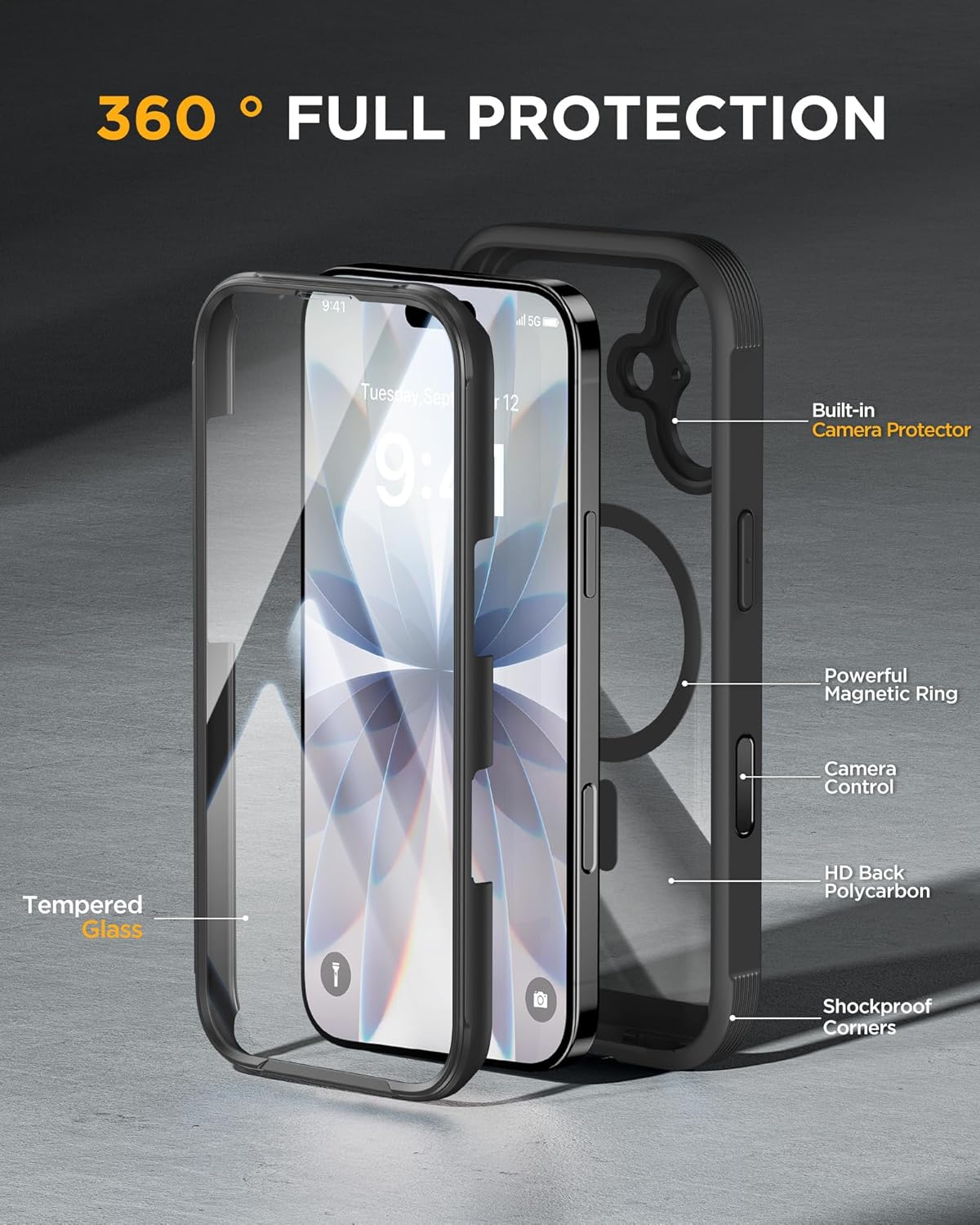 Miracase for iPhone 17 Case 6.3'', Full-Body Military Grade Drop Protection Outdoor Phone case with Built-in Glass Screen &Camera Control,Easy Installation,No Gap,Compatible with MagSafe, Black