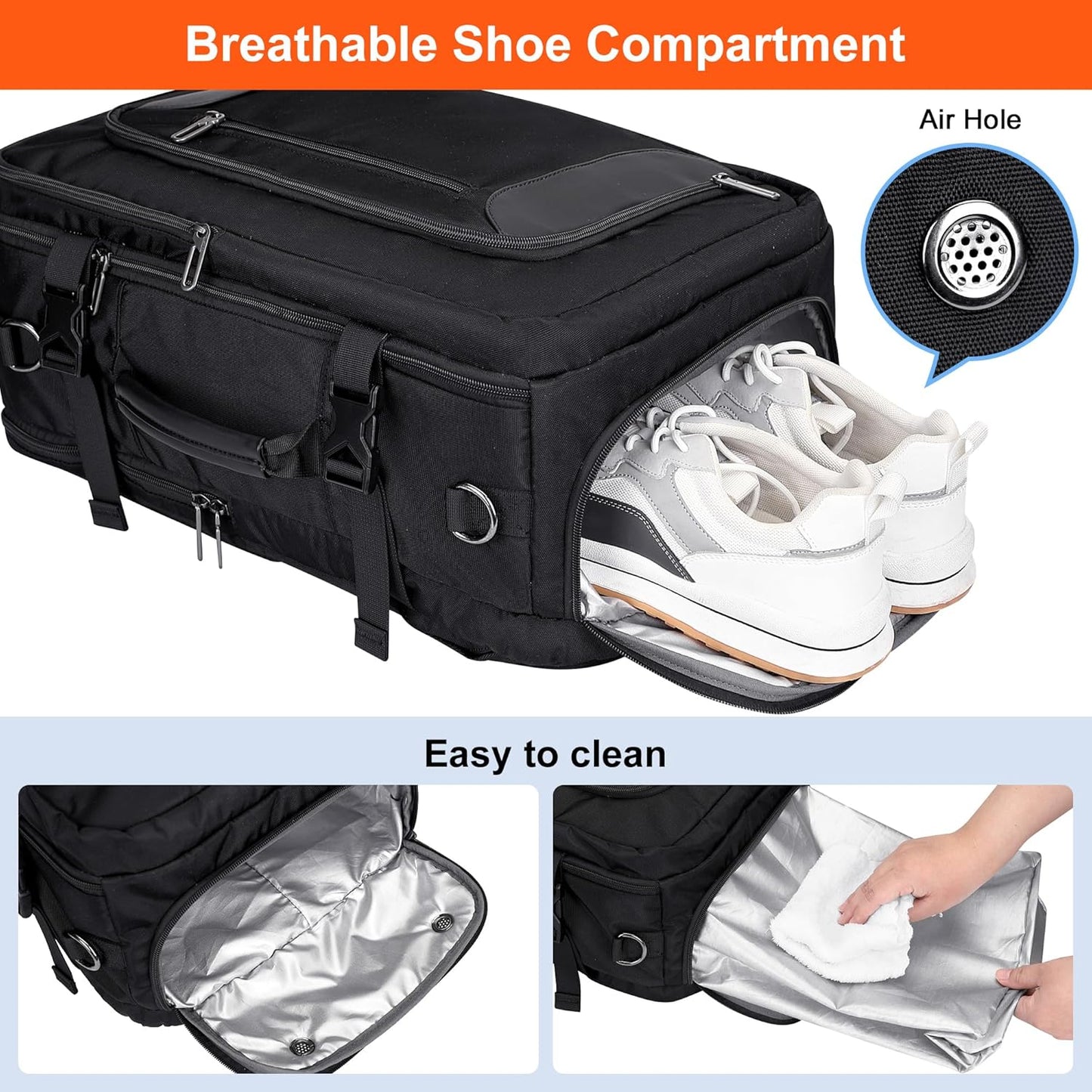 PIJUSHI Travel Backpack for Women Men Flight Approved Carry on Bag 16 inch Laptop Personal Item Daypack with Shoe Compartment(PE038 Black)