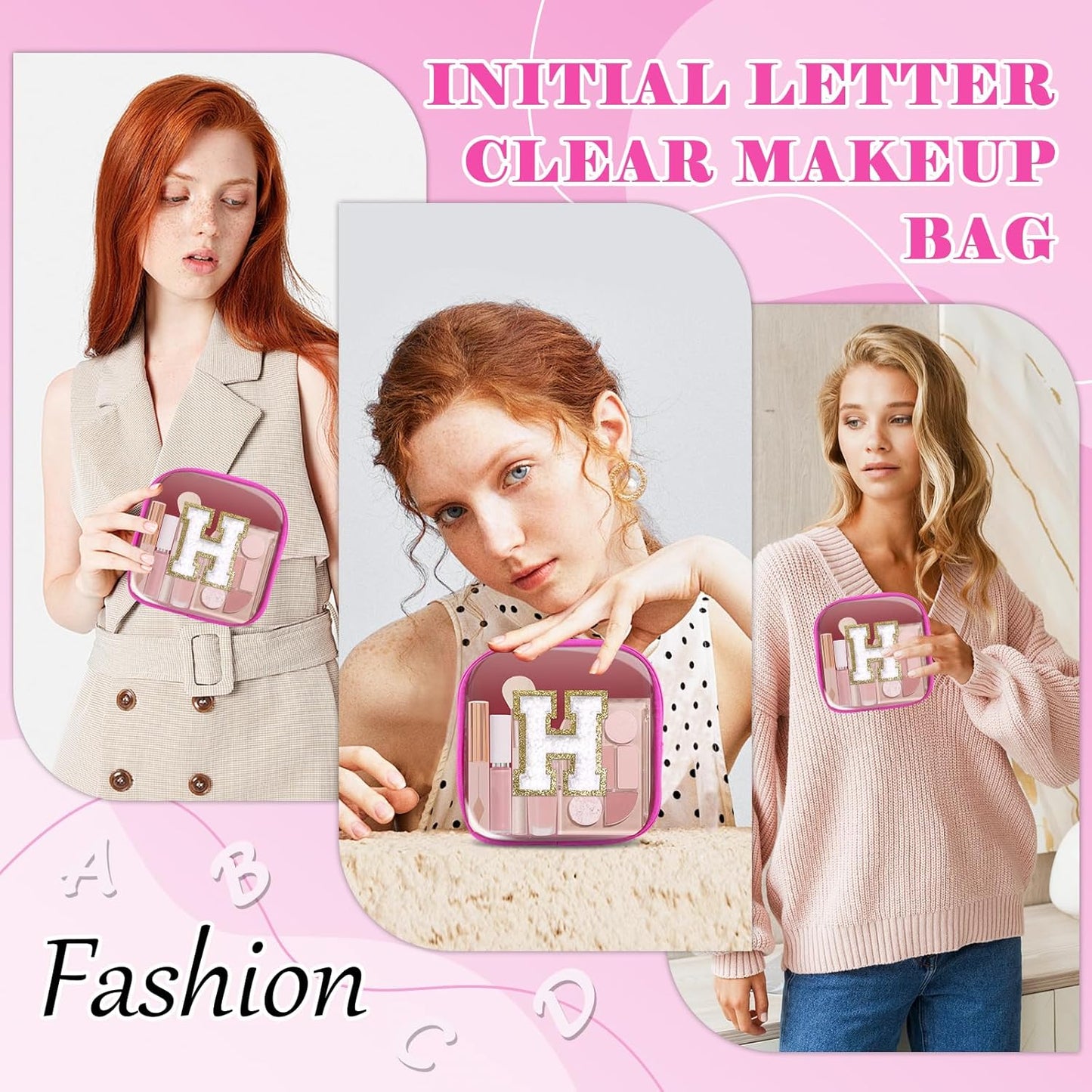Personalized Initial Letter Clear Preppy Makeup Bag,Mini Nylon Chenille Letter Cosmetic Bag Cute Zipper Pouch Coin Purse for Teen Girls,Portable TSA Approved Travel Essentials Bag Gift for Women,H