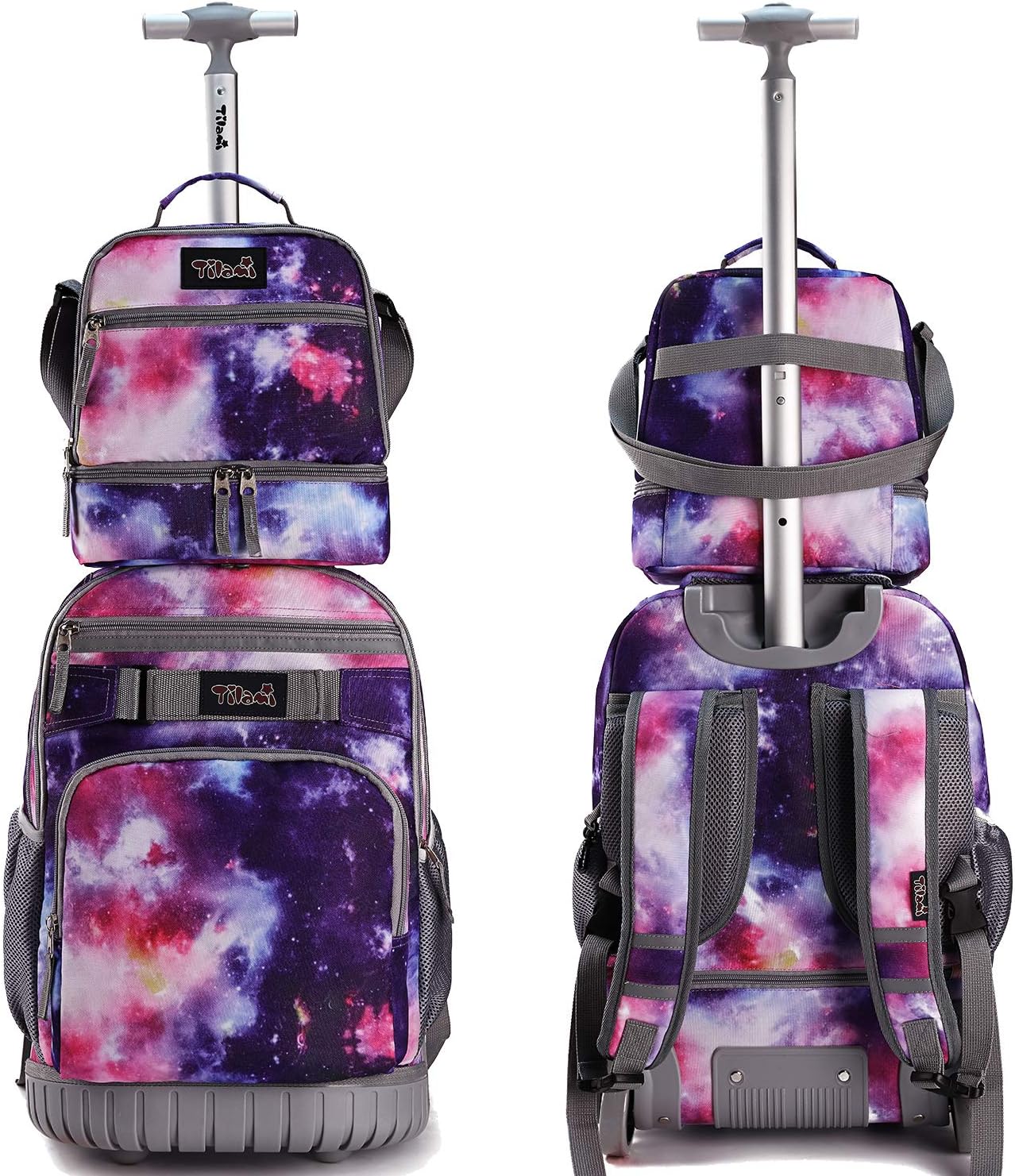 Tilami Rolling Backpack 19 inch with Lunch Bag Wheeled Laptop Backpack, Galaxy Purple