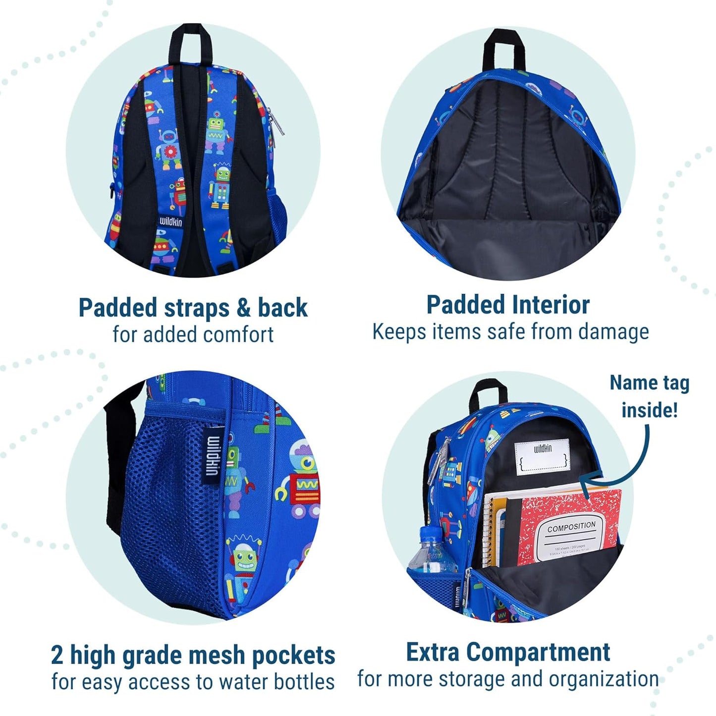 Wildkin 15-inch Kids Backpack – Durable, Padded, Adjustable for School & Travel - Robots