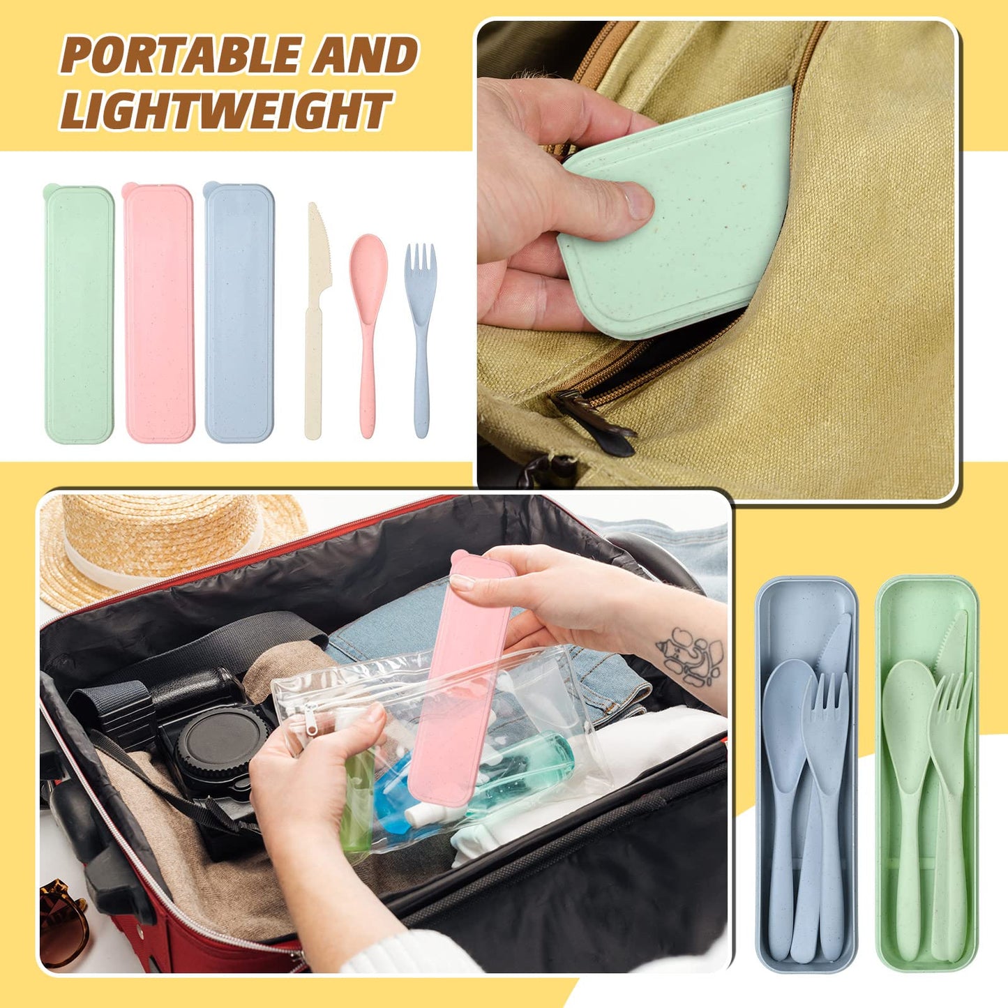 Jinei Reusable Travel Utensils Set Wheat Straw with Case,Bright
