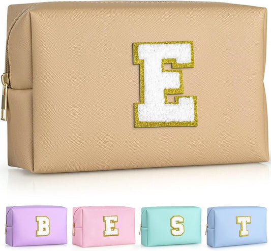 TOPEAST Monogrammed Gift for Women Girls, Personalized Initial Makeup Bags Cosmetic Bag with Zipper, Cute Makeup Pouch, PU Leather Waterproof Toiletry Bag, Preppy Gifts Stuff for Girl (Khaki E)