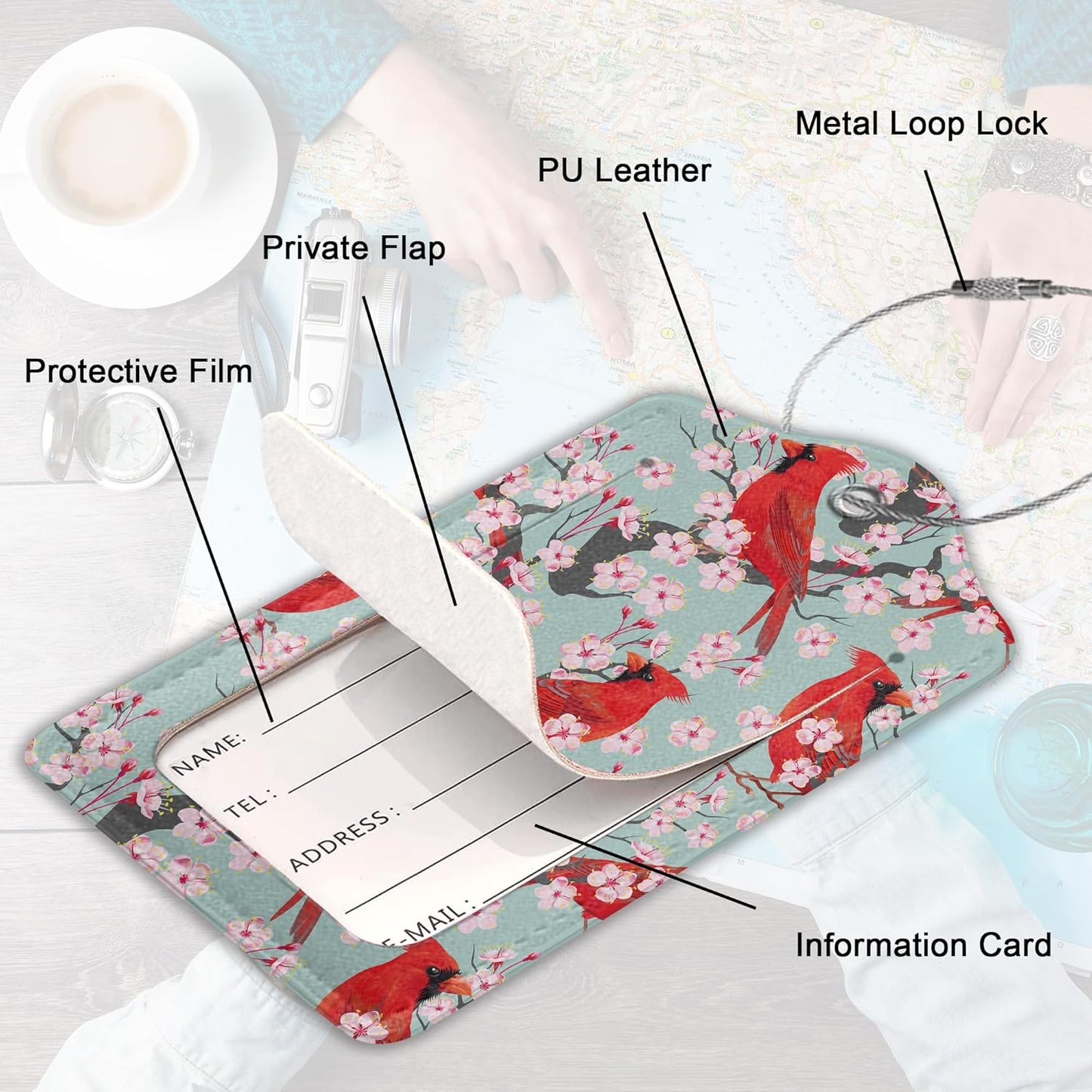 2 Pack Leather Luggage Tag for Suitcase Red Bird Blossom Winter Unique Travel Tags with Privacy Cover ID Label & Stainless Steel Loop for Men and Women Baggage