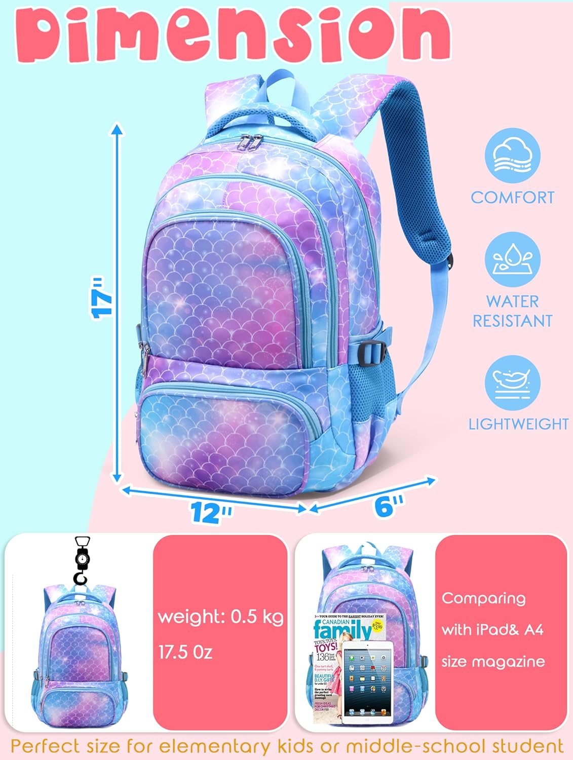 BLUEFAIRY Kids Backpacks for Boys Girls Elementary Primary Middle School Bookbags Back to School Bags for Childs Age 6-8 Mochilas Escolares para Niños Niñas 17 Inch Mermaid Sky Blue